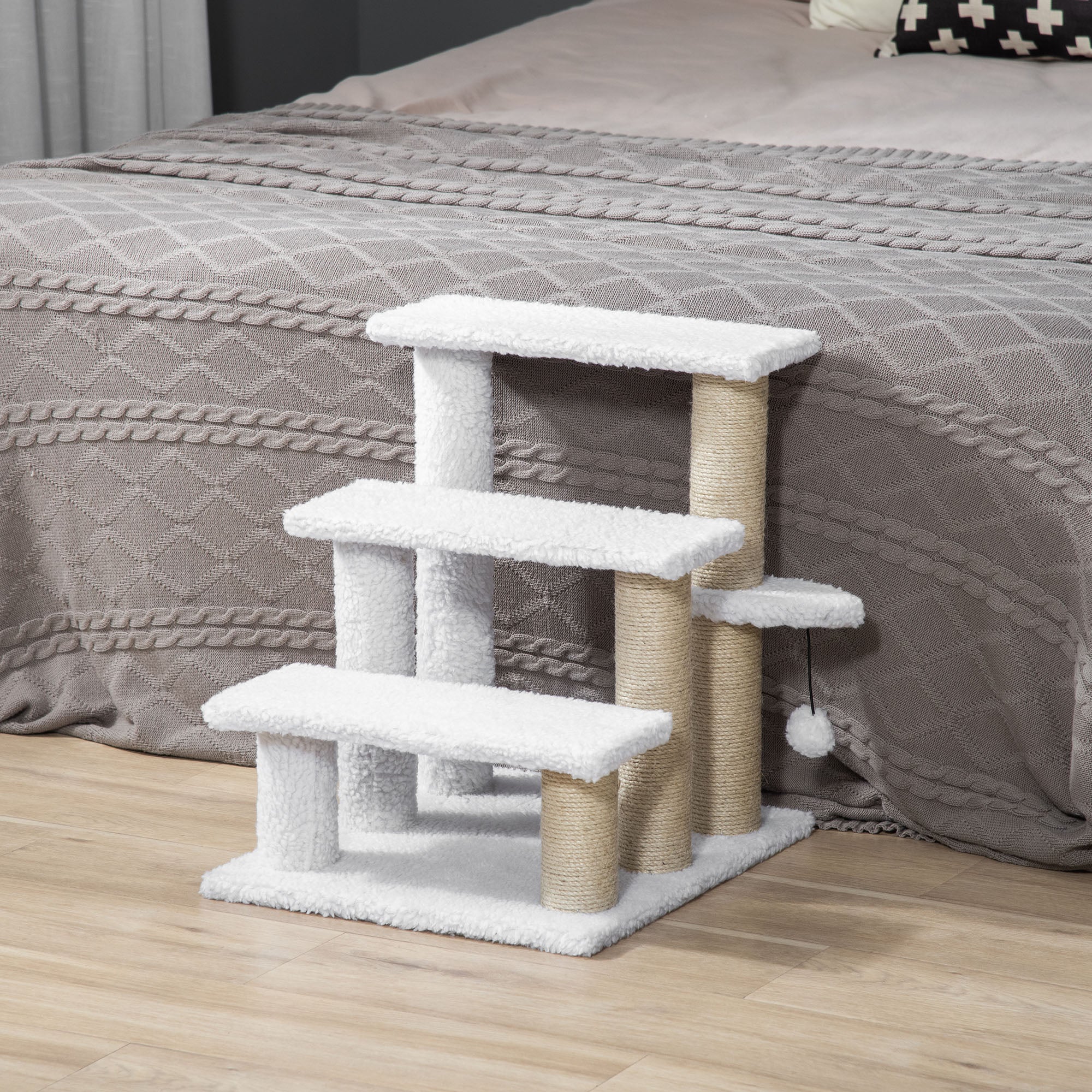 Pet Stair, Cat Tree with 3-step Climb Ladder, Scratching Posts, Platforms, Toy Ball, for Indoor Elderly Cats Kittens, White