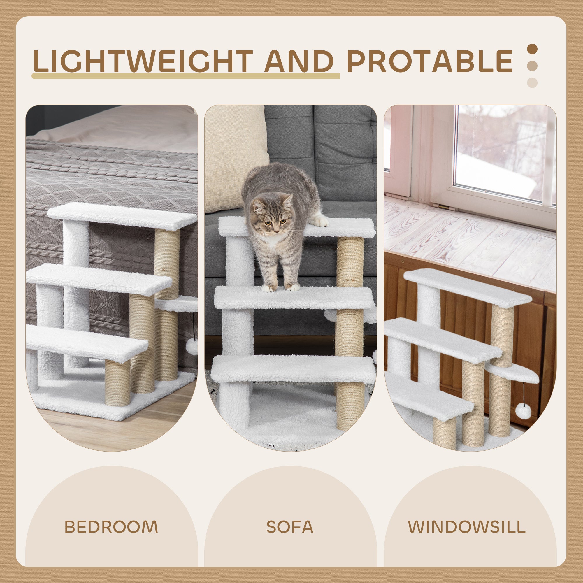 Pet Stair, Cat Tree with 3-step Climb Ladder, Scratching Posts, Platforms, Toy Ball, for Indoor Elderly Cats Kittens, White
