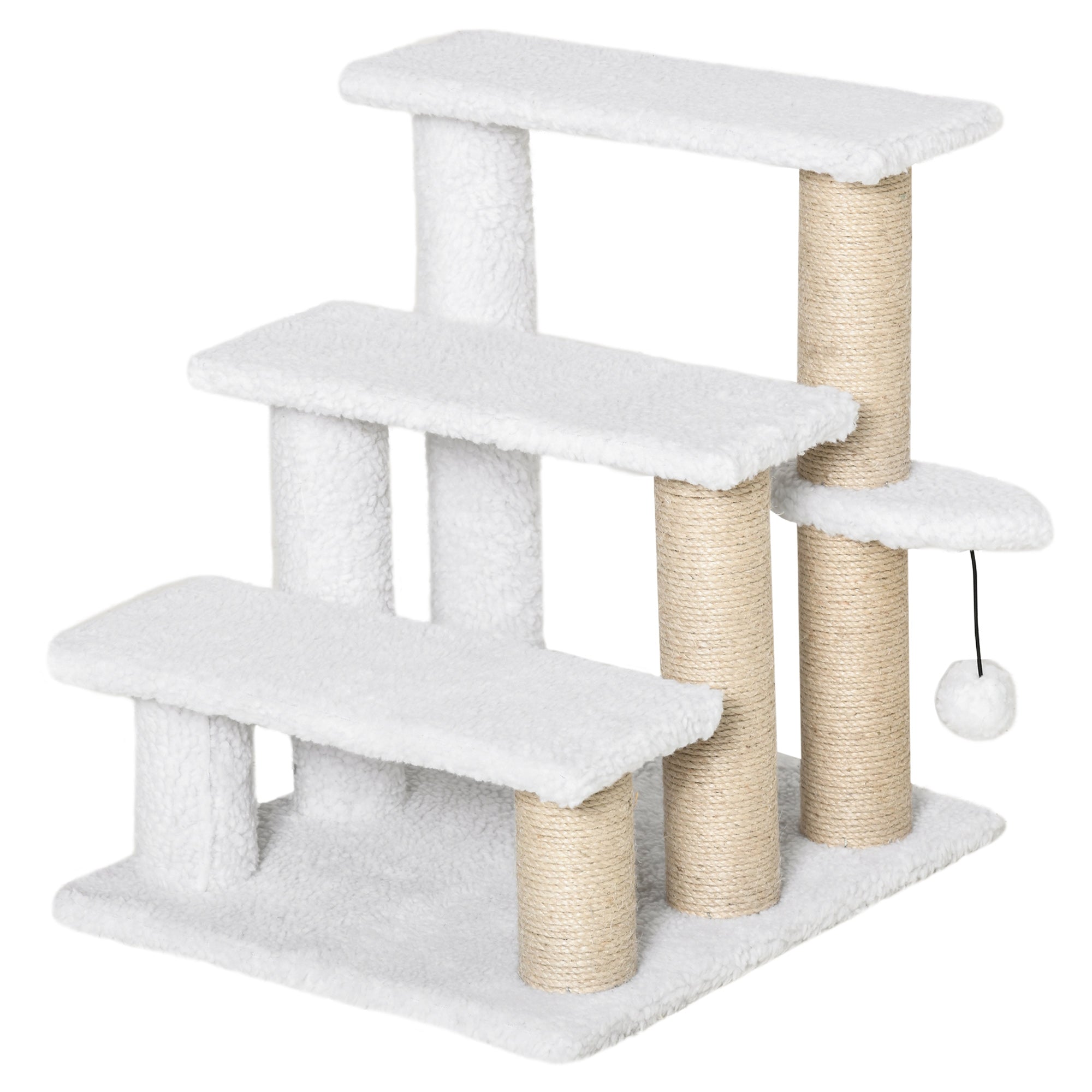 Pet Stair, Cat Tree with 3-step Climb Ladder, Scratching Posts, Platforms, Toy Ball, for Indoor Elderly Cats Kittens, White