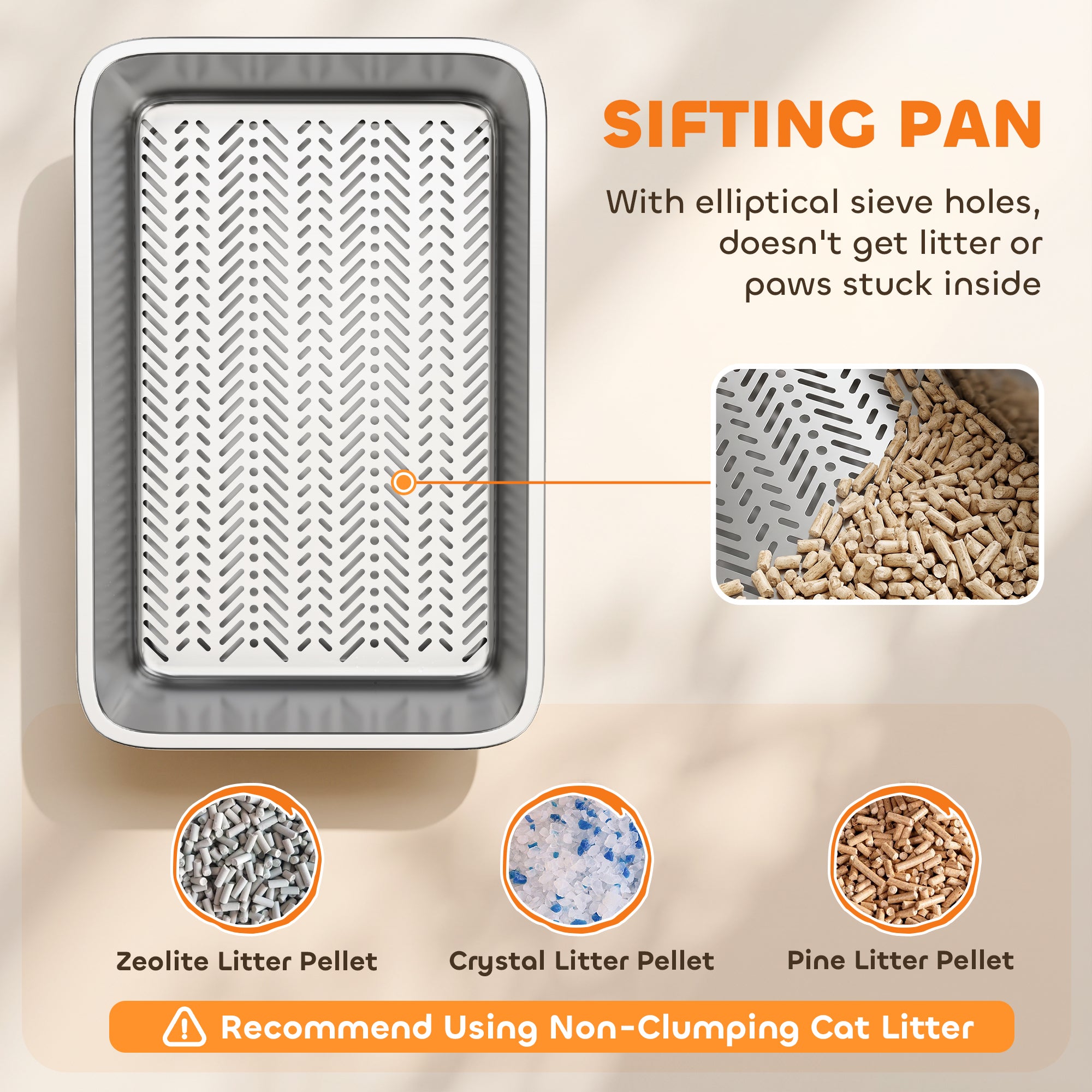 Stainless Steel Litter Box, XL Sifting Cat Litter Box with Sifting Pan, High Sides for Medium, Large Cat, Pine Pellets, Non-Sticky, Odour Control and Easy Cleaning, 23.6" x 15.7" x 7.9", Silver