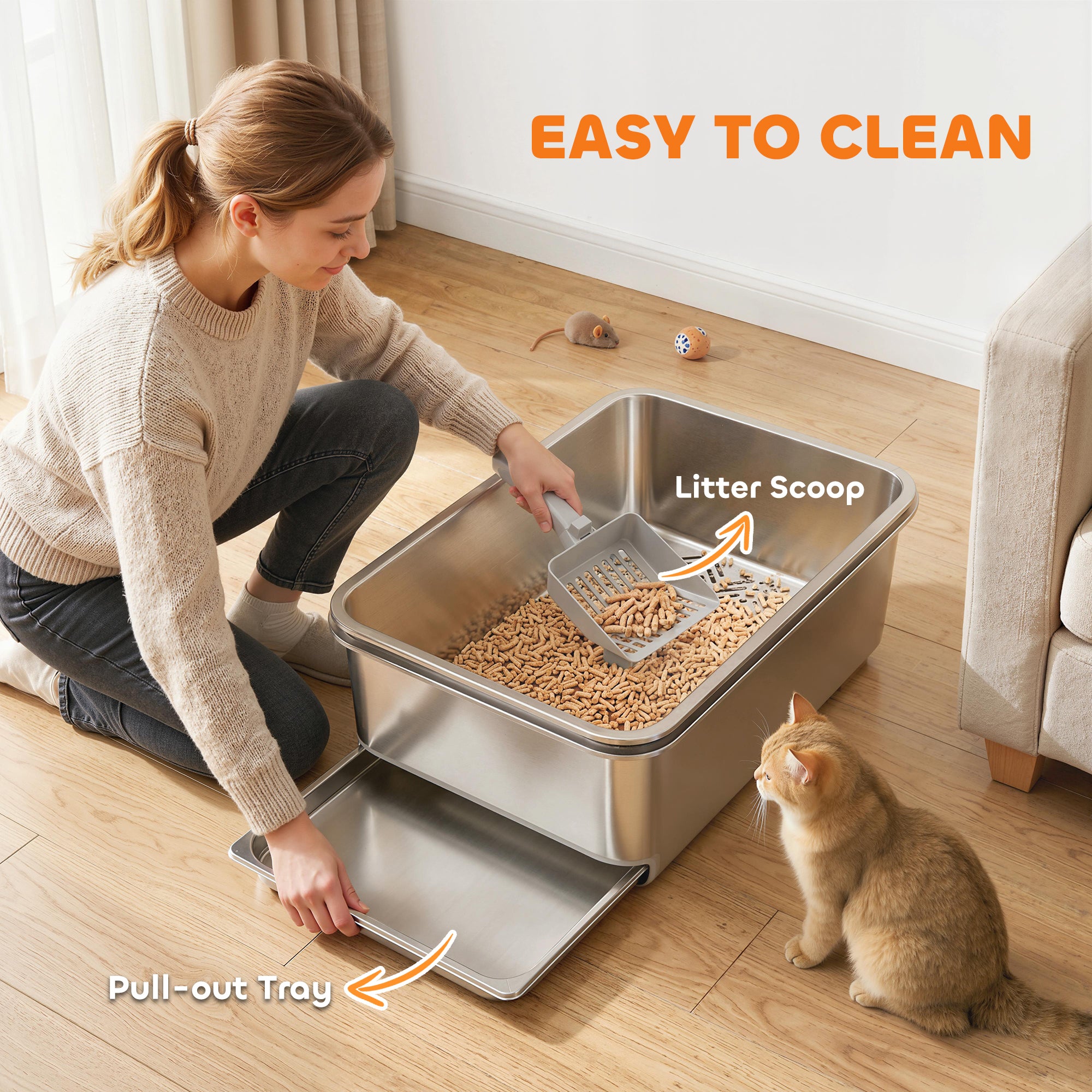 XL Stainless Steel Cat Litter Box, Sifting Cat Litter Box with Sifting Pan, High Sides for Medium and Large Cats, Non-Sticky, Odour Control, Easy Cleaning, Silver