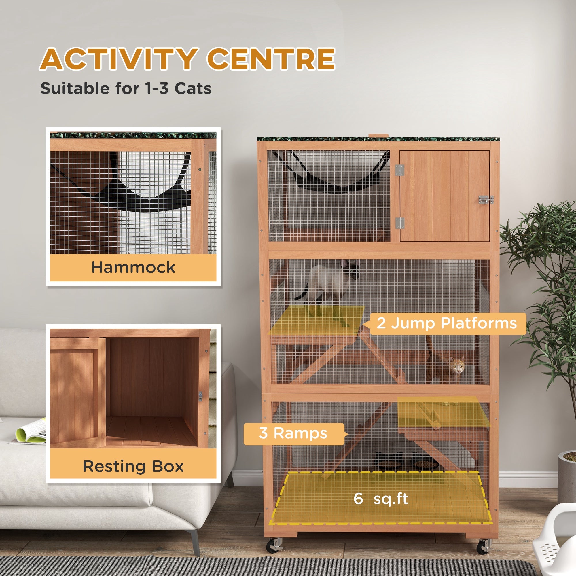 PawHut Catio, Outdoor Cat Enclosure House, Wooden Feral Cat Shelter on Wheels, Cat Cage with Hammock, Platforms Ramps, and Weather Protection Asphalt Roof, 34", Orange