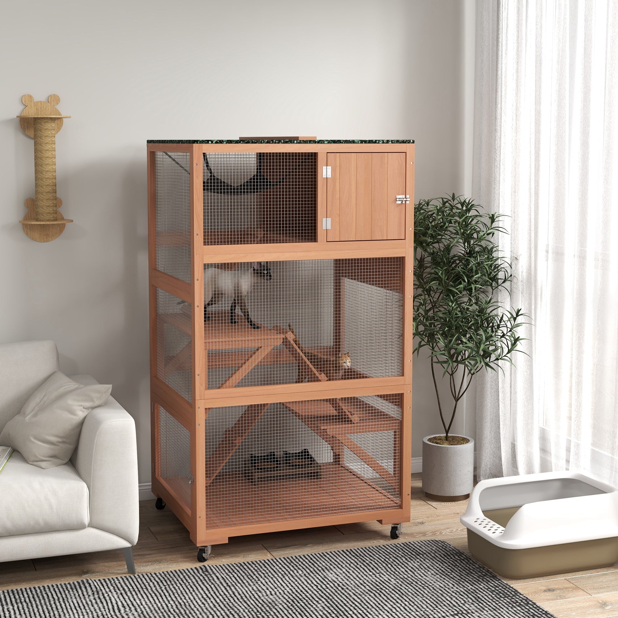 PawHut Catio, Outdoor Cat Enclosure House, Wooden Feral Cat Shelter on Wheels, Cat Cage with Hammock, Platforms Ramps, and Weather Protection Asphalt Roof, 34", Orange