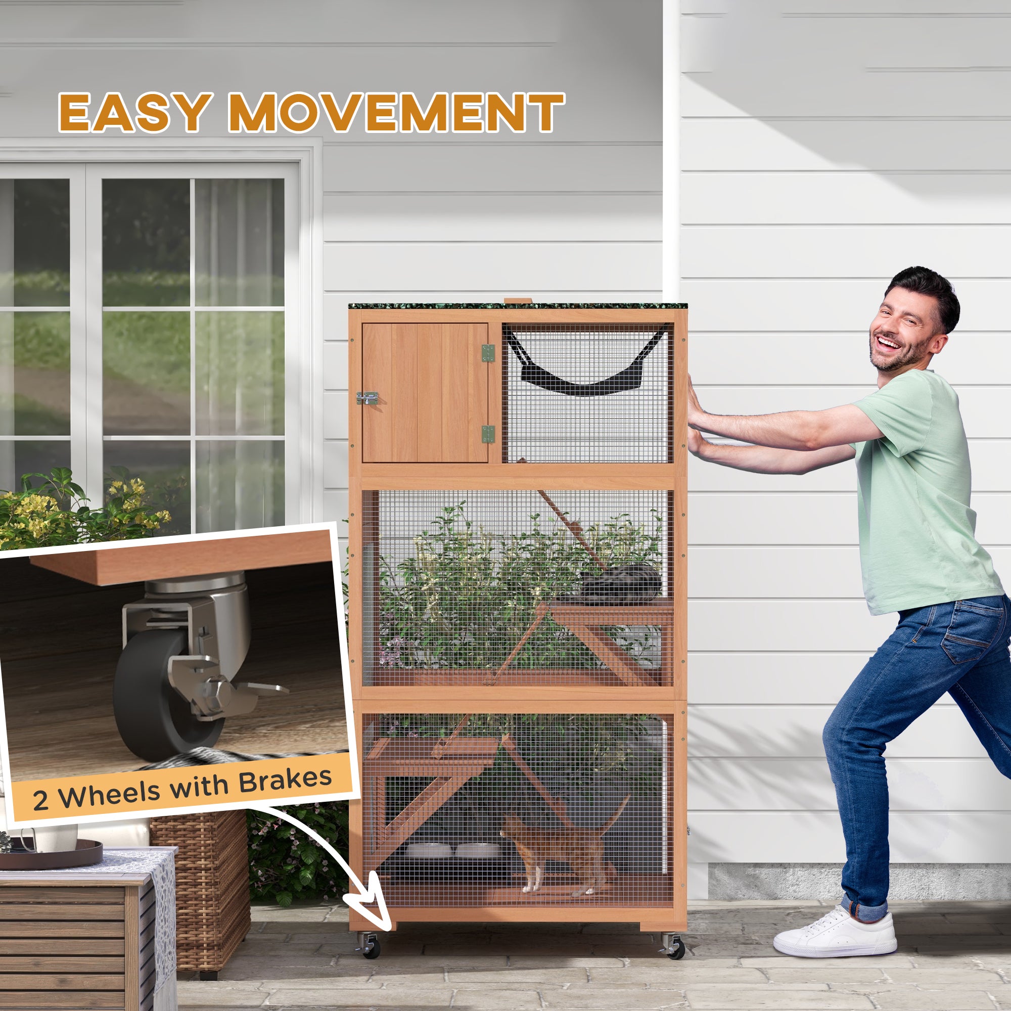 66"H Catio on Brake Wheel, Indoor Outdoor Cat Enclosure Cage with Weatherproof Roof Hammock Multiple Platforms Resting Condo Ramps Lockable Doors, for 1-3 Cats, Orange
