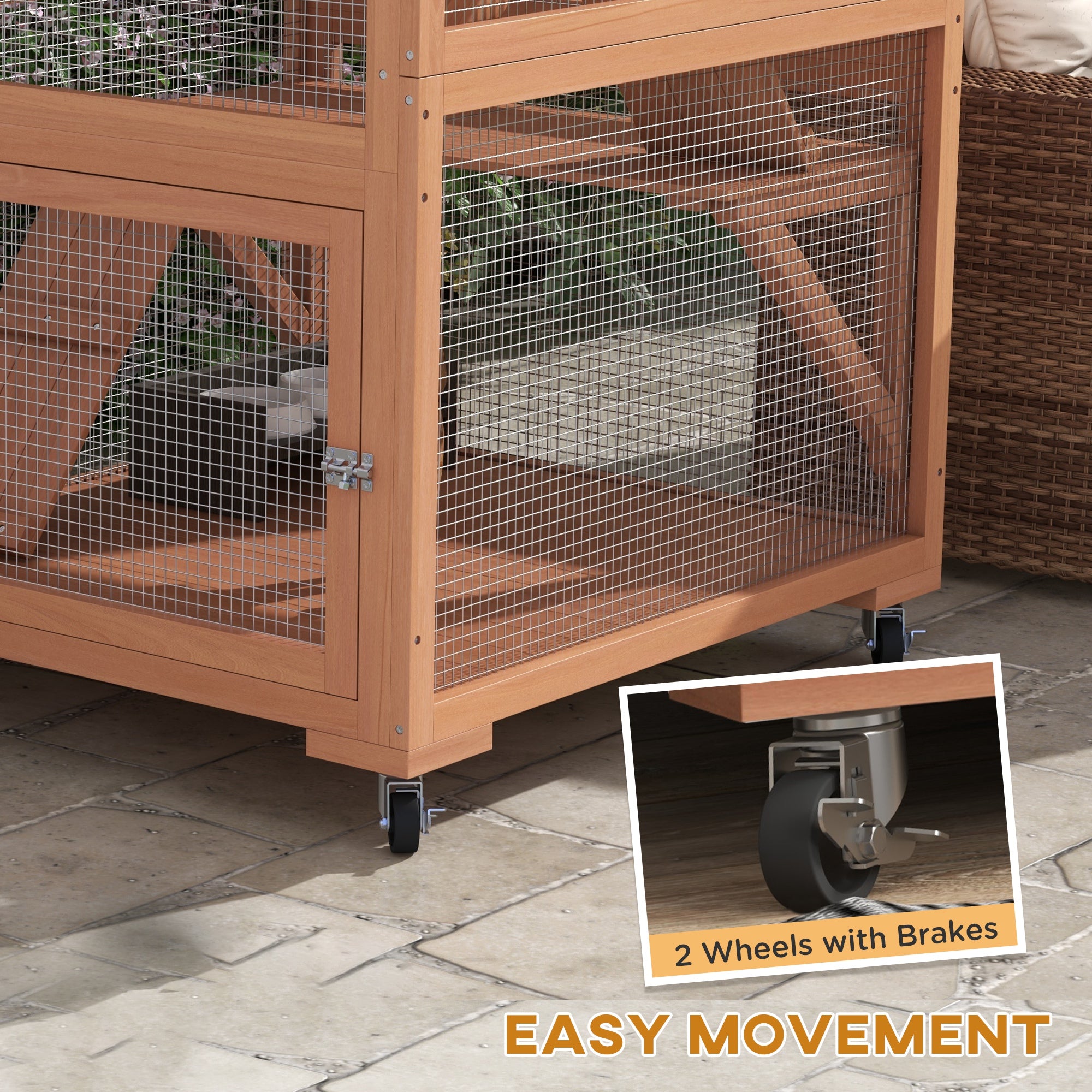 PawHut Catio, Outdoor Cat Enclosure House, Wooden Feral Cat Shelter on Wheels, Cat Cage with Hammock, Platforms Ramps, and Weather Protection Asphalt Roof, 34", Orange