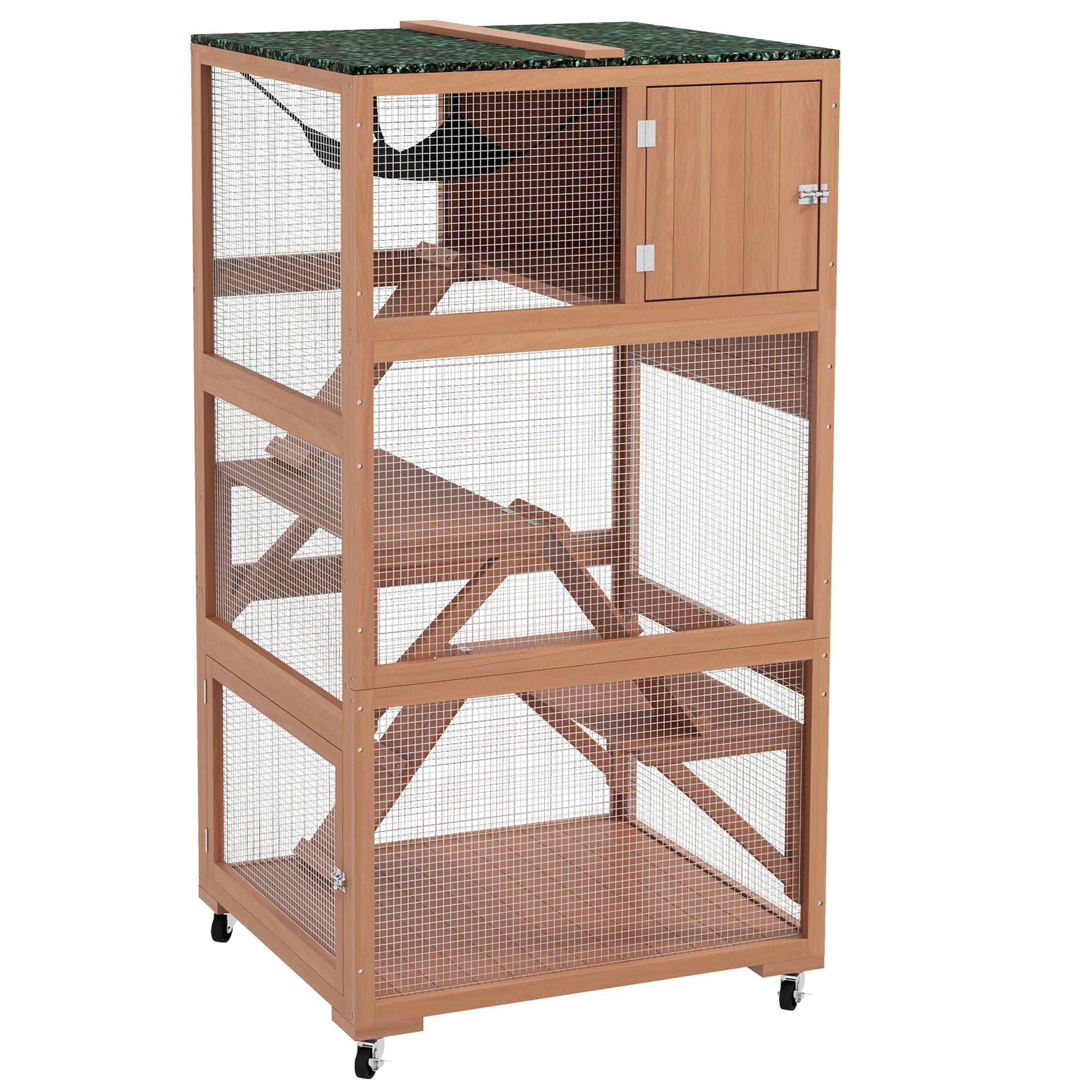 PawHut Catio, Outdoor Cat Enclosure House, Wooden Feral Cat Shelter on Wheels, Cat Cage with Hammock, Platforms Ramps, and Weather Protection Asphalt Roof, 34", Orange
