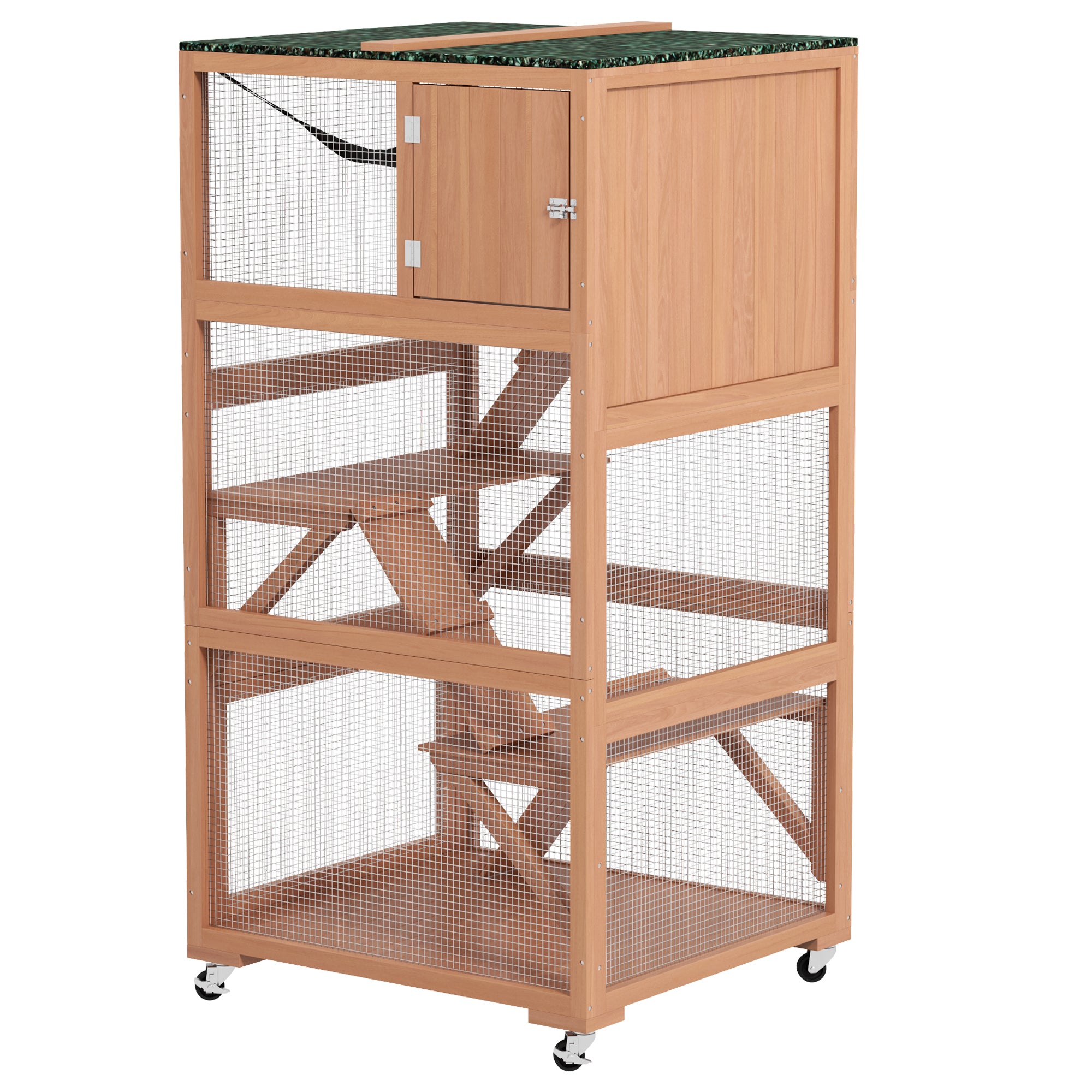 PawHut Catio, Outdoor Cat Enclosure House, Wooden Feral Cat Shelter on Wheels, Cat Cage with Hammock, Platforms Ramps, and Weather Protection Asphalt Roof, 34", Orange