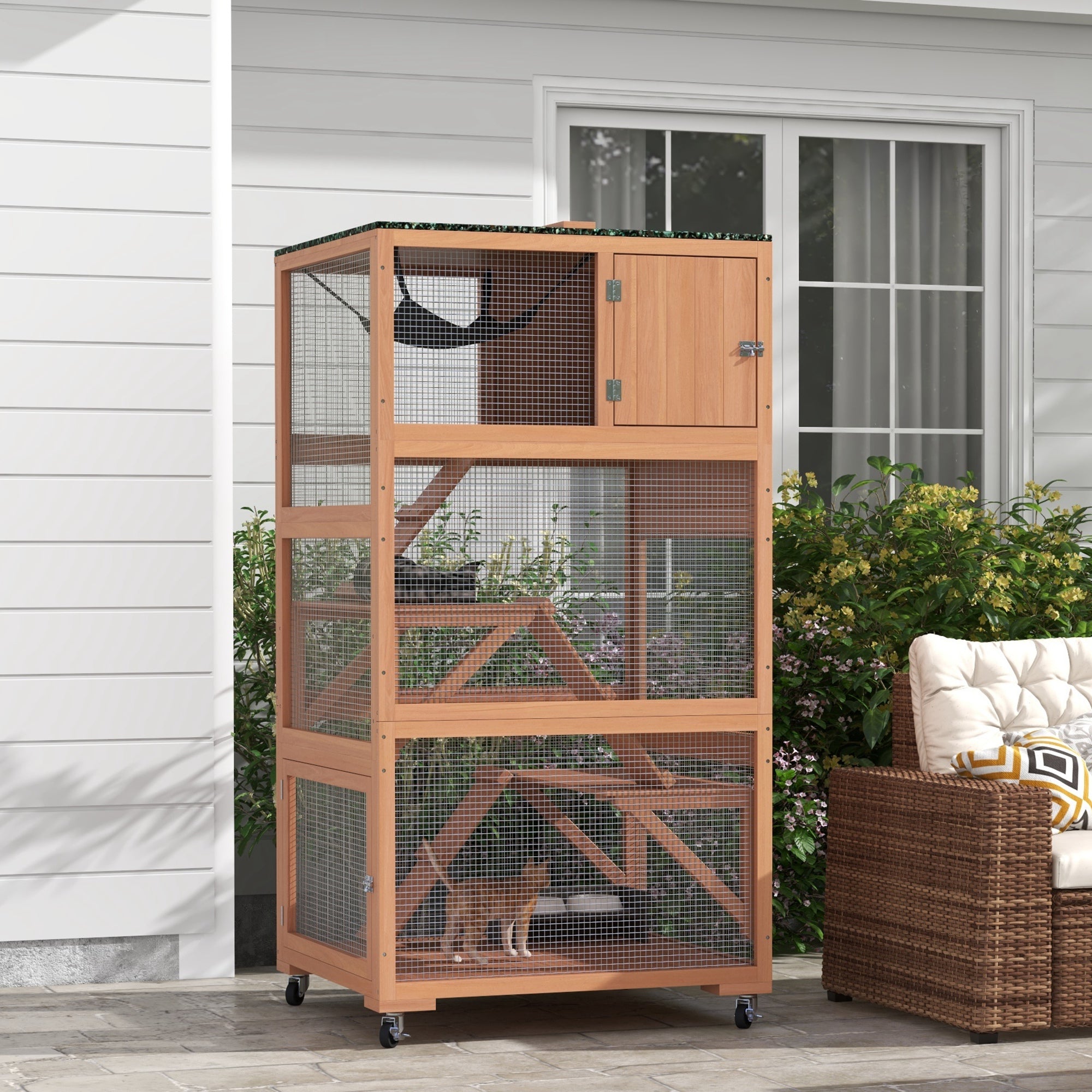 PawHut Catio, Outdoor Cat Enclosure House, Wooden Feral Cat Shelter on Wheels, Cat Cage with Hammock, Platforms Ramps, and Weather Protection Asphalt Roof, 34", Orange