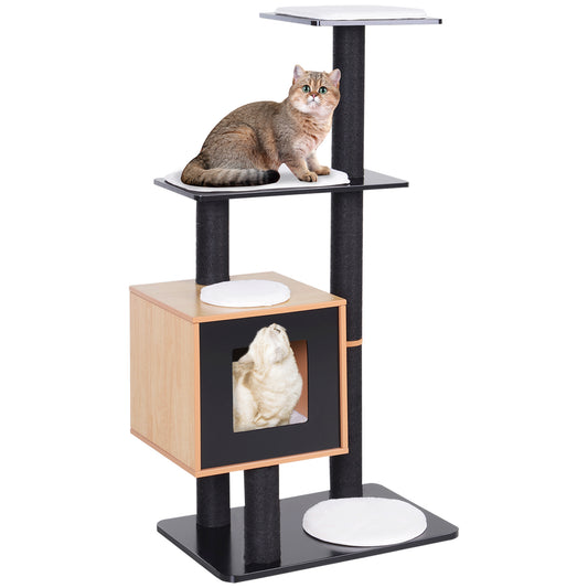 47" Wood Cat Tree, Cat Condo Tower with Scratching Post, Toy Ball, Black
