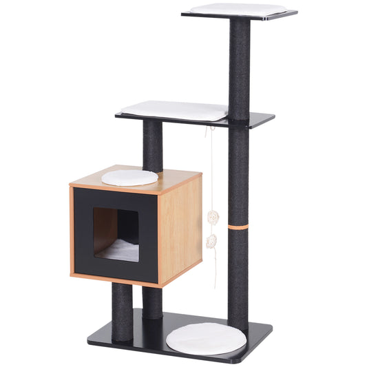 47" Wood Cat Tree, Cat Condo Tower with Scratching Post, Toy Ball, Black