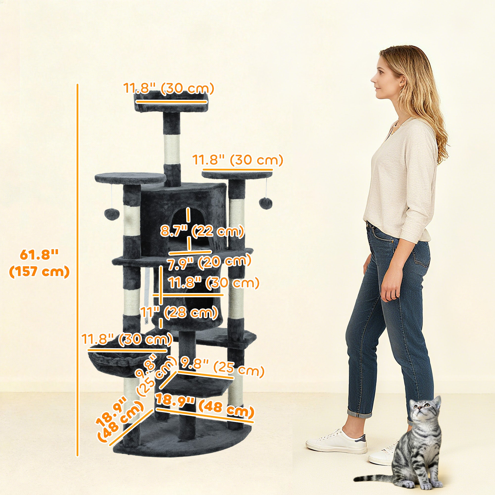 Cat Tree, 62" Multi-Level Cat Tower with Scratching Posts, 2 Condos, Hammock, Perches, Plush, Pompoms, for Indoor Kittens Playing, Resting, Sleeping, Dark Grey