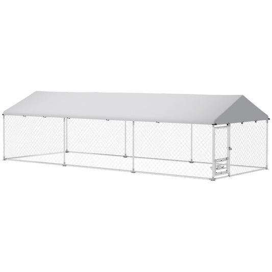Outdoor Dog Kennel with Roof, Heavy Duty Dog Run Outdoor Fence Cage with Adjustable & Rotating Bowls, Waterproof UV-Resistant Cover, Secure Lock, 19.7' x 7.5' x 5.2'