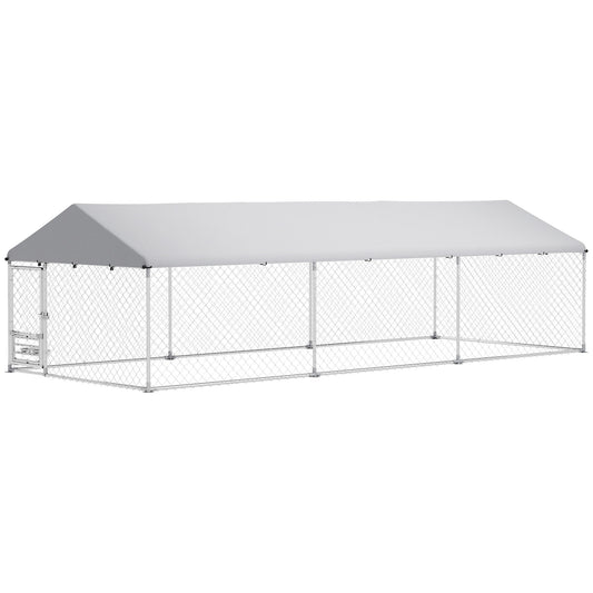 Outdoor Dog Kennel with Roof, Heavy Duty Dog Run Outdoor Fence Cage with Adjustable & Rotating Bowls, Waterproof UV-Resistant Cover, Secure Lock, 19.7' x 7.5' x 5.2'