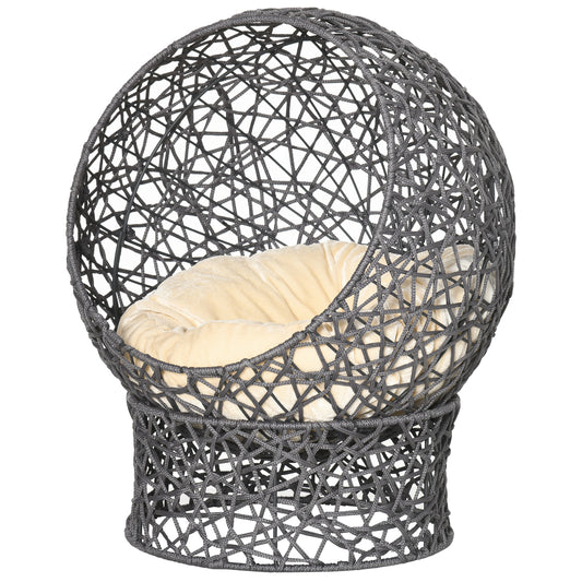 Cat Bed, Elevated Rope Weave Cat Egg Chair with Cushion, Handwoven Kitty House with Stand for Indoor Kittens, Violet