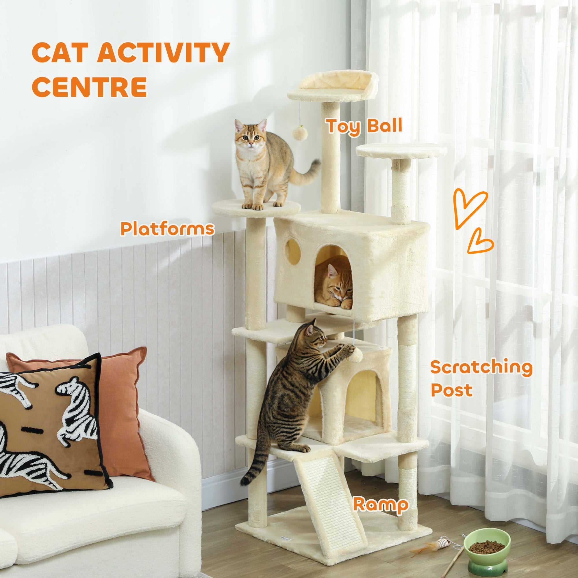 63" Cat Tree, Cat Tower for Indoor Cats with Scratching Posts, Cat Condos, Bed, Platforms, Ramp, Toy Ball, Cat Activity Center, Cream White