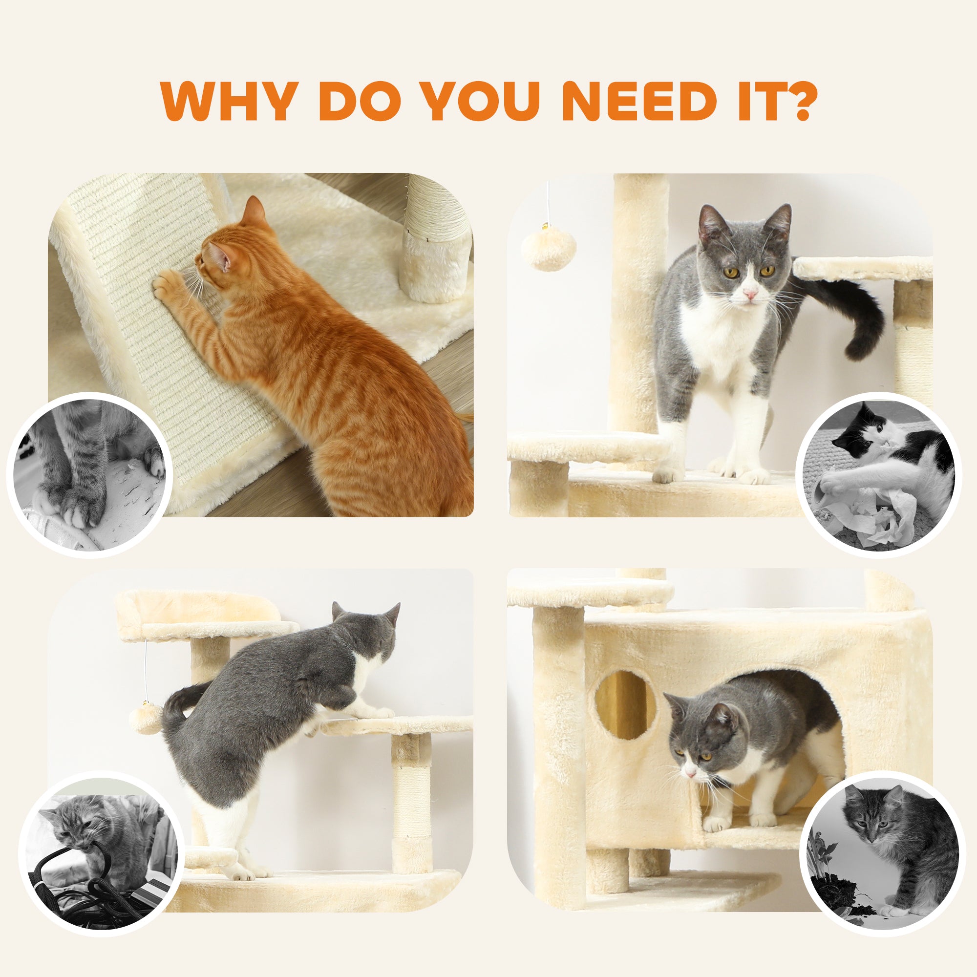 63" Cat Tree, Cat Tower for Indoor Cats with Scratching Posts, Cat Condos, Bed, Platforms, Ramp, Toy Ball, Cat Activity Center, Cream White