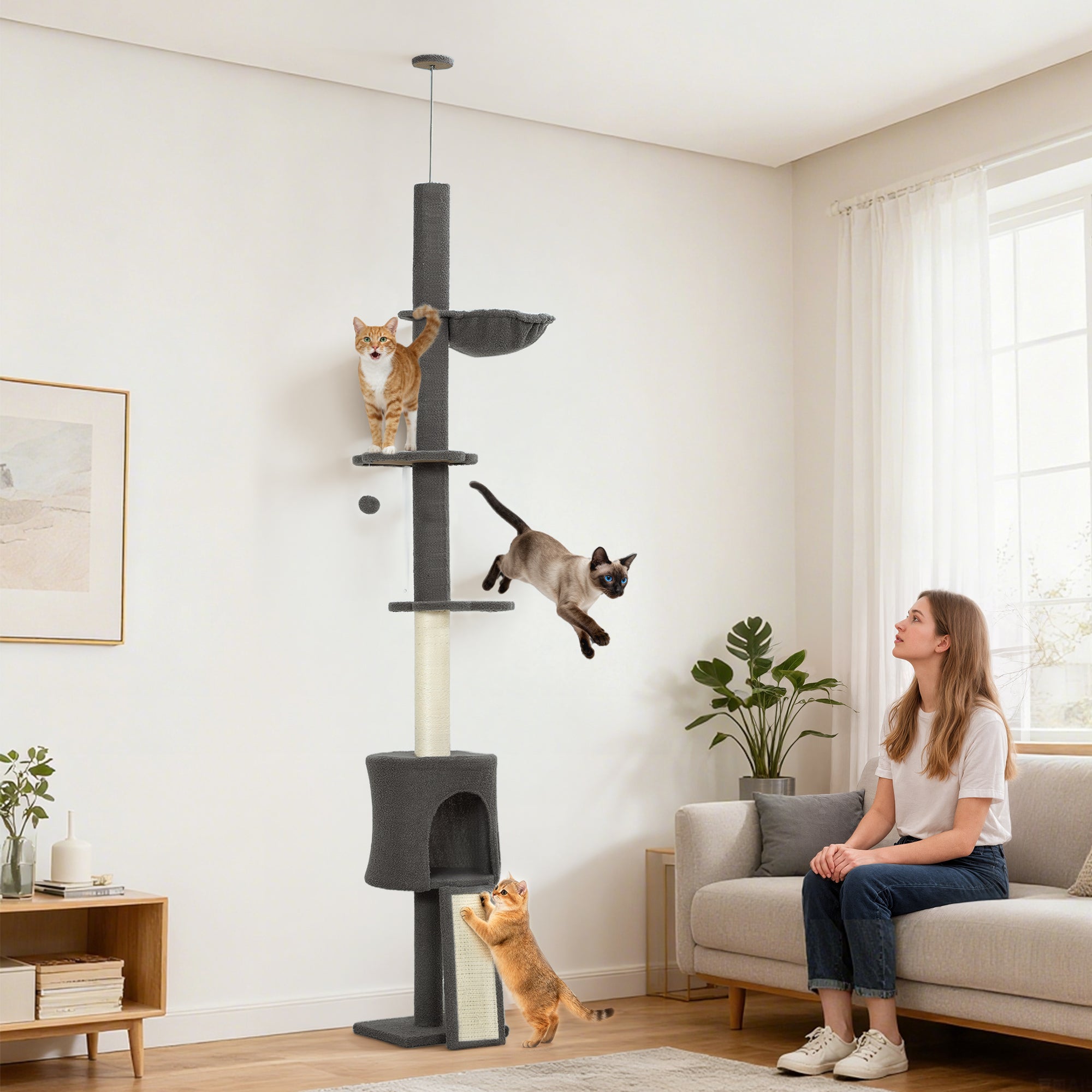 Floor to Ceiling Cat Tree, 5-Tier Cat Tower Adjustable Height 87"-94.5" with Sisal Scratching Post, Condo, Hammock, Ramp, Perches, Climbing Activity Center for Indoor Kitten