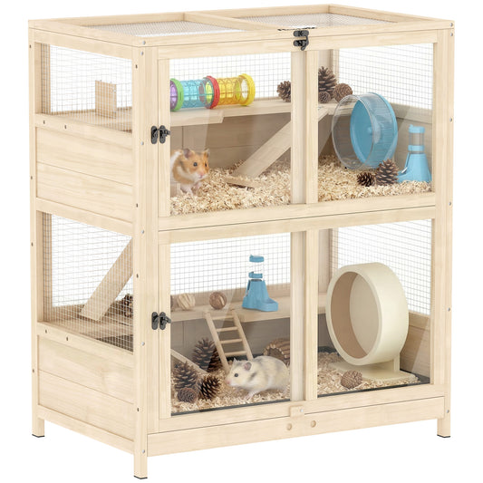 Wooden Hamster Cage, 4 Tier Small Animal Cage with Mesh Flip Roof, Pull-Out Tray, Huts, Seesaws, Ramps and Water Bottles, Hamster Habitat for Dwarf Syrian Mice Gerbil, 33" x 21" x 36"