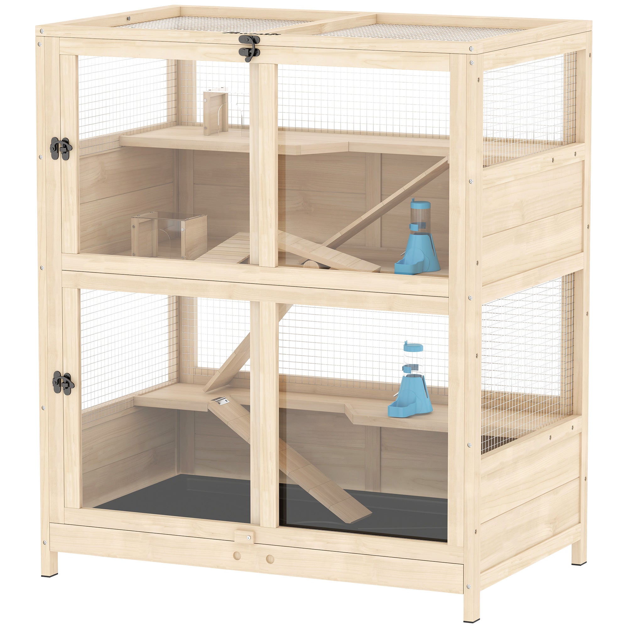 Wooden Hamster Cage, 4 Tier Small Animal Cage with Mesh Flip Roof, Pull-Out Tray, Huts, Seesaws, Ramps and Water Bottles, Hamster Habitat for Dwarf Syrian Mice Gerbil, 33" x 21" x 36"