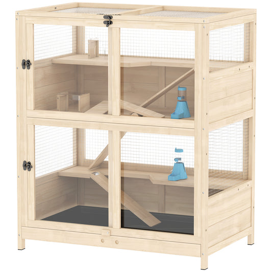 Wooden Hamster Cage, 4 Tier Small Animal Cage with Mesh Flip Roof, Pull-Out Tray, Huts, Seesaws, Ramps and Water Bottles, Hamster Habitat for Dwarf Syrian Mice Gerbil, 33" x 21" x 36"