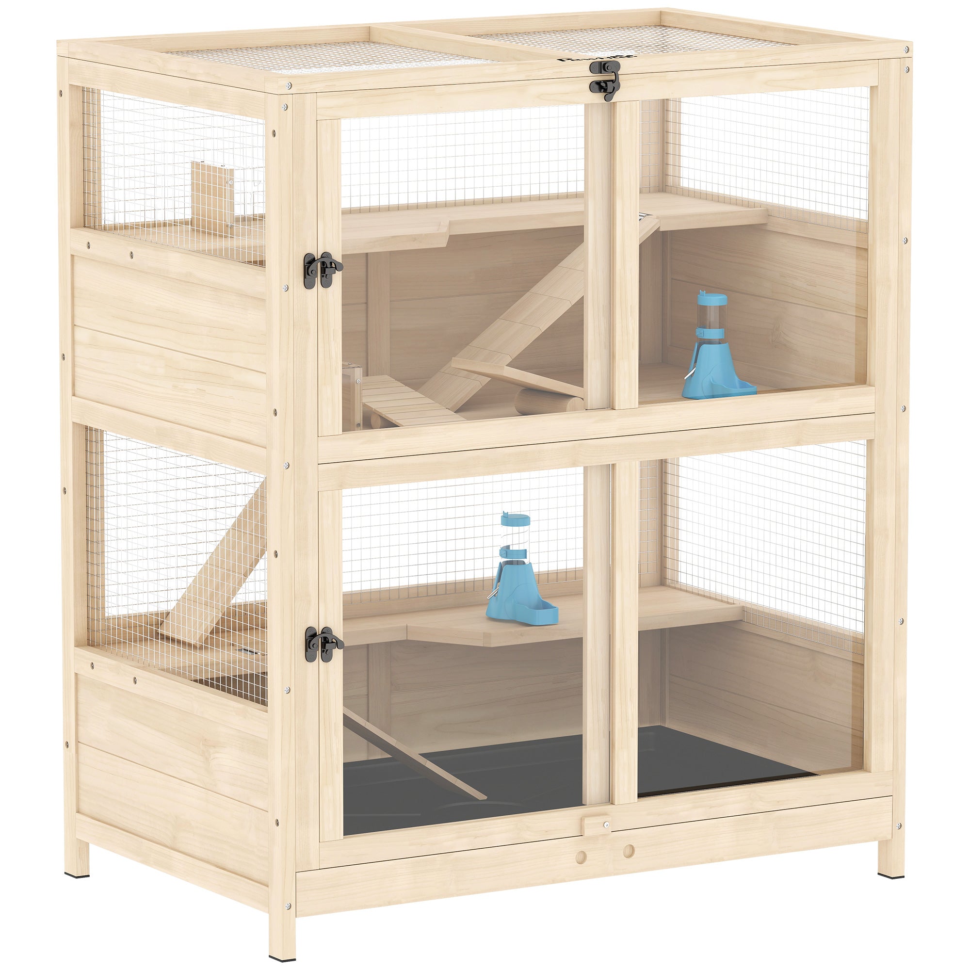 Wooden Hamster Cage, 4 Tier Small Animal Cage with Mesh Flip Roof, Pull-Out Tray, Huts, Seesaws, Ramps and Water Bottles, Hamster Habitat for Dwarf Syrian Mice Gerbil, 33" x 21" x 36"