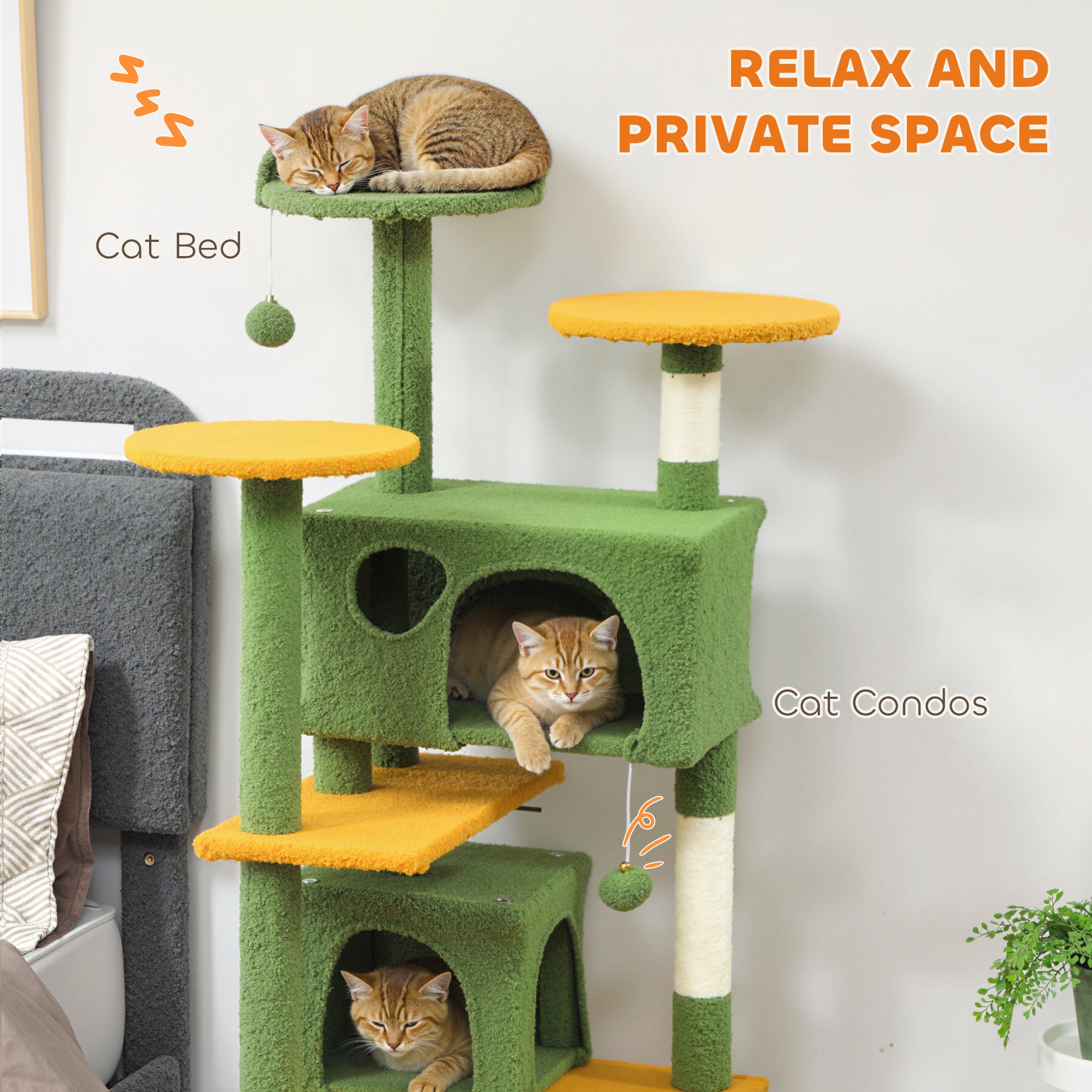 54" Cat Tree, Cat Tower for Indoor Cats with Scratching Posts, Cat Condos, Bed, Platforms, Ramp, Toy Ball, Cat Activity Center, Green
