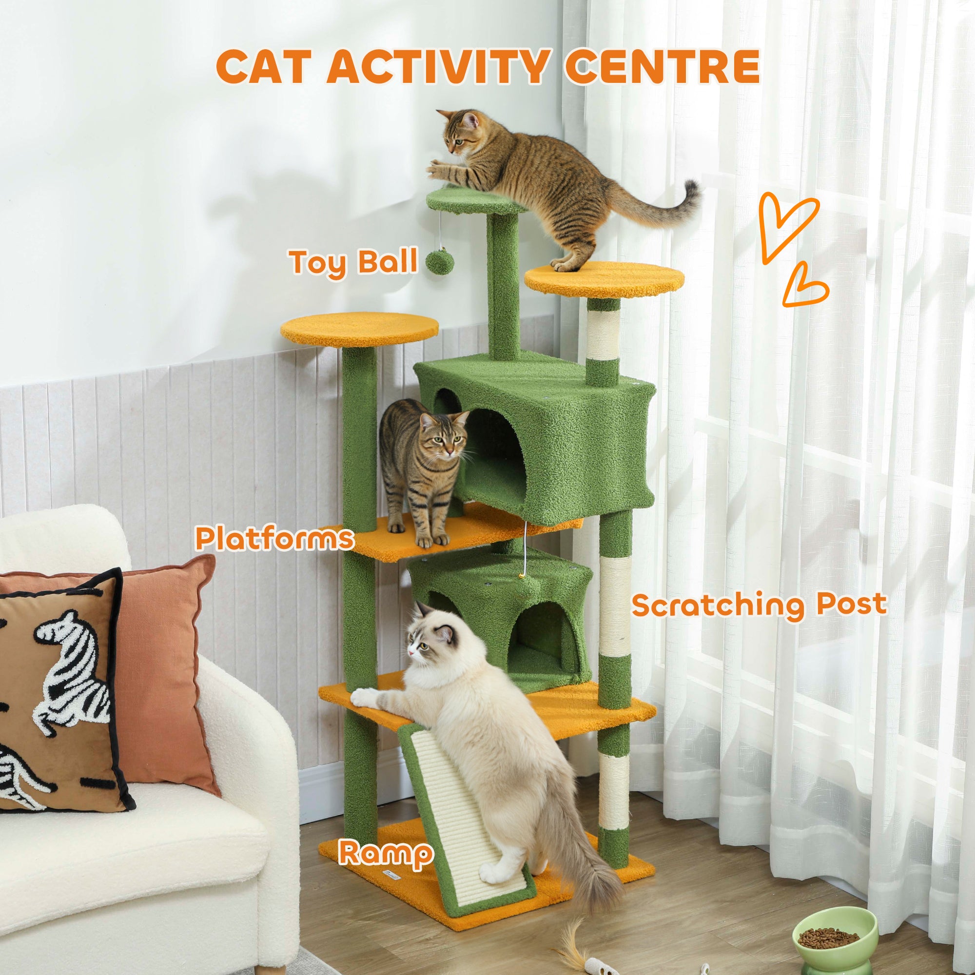 54" Cat Tree, Cat Tower for Indoor Cats with Scratching Posts, Cat Condos, Bed, Platforms, Ramp, Toy Ball, Cat Activity Center, Green