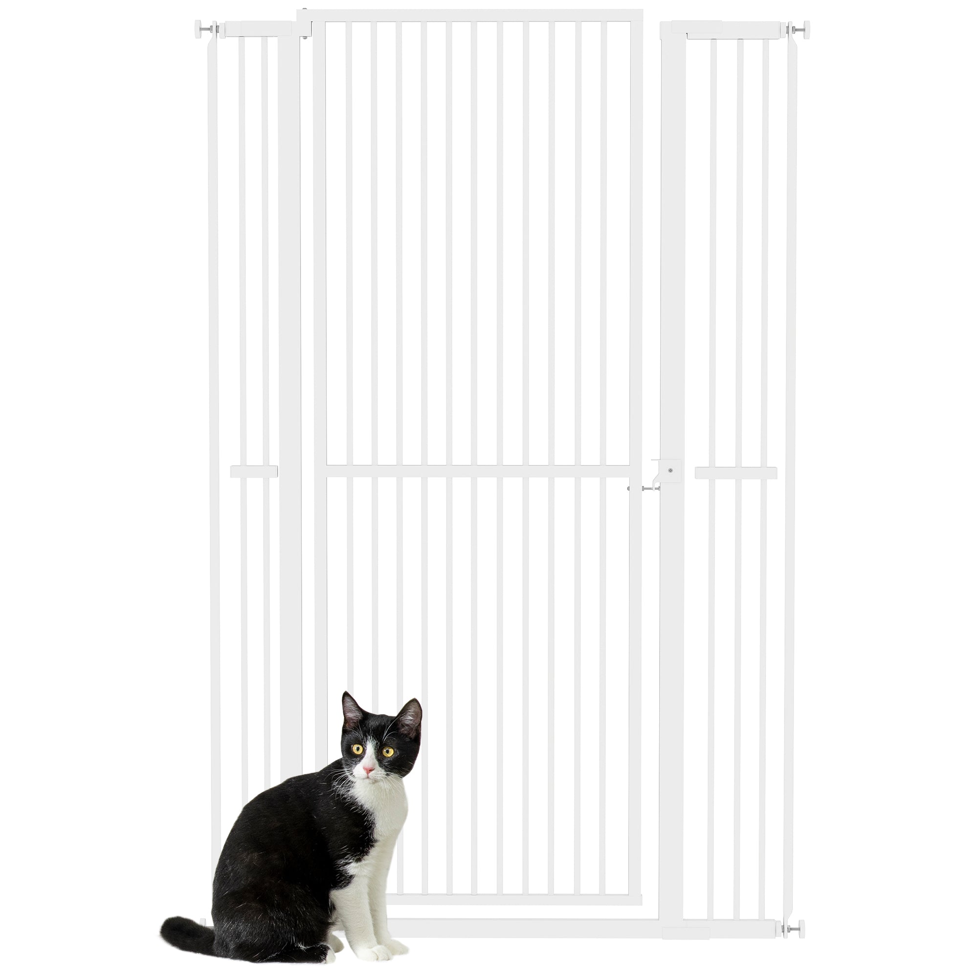 59"H Extra Tall Cat Gate, 30"-41"W Steel Pet Gate for Doorway, Hallway, Pressure Mounted Kit No Drilling Dog Gate with 1.4" Extra Narrow Gap, 2.8" & 5.5" Extensions, White
