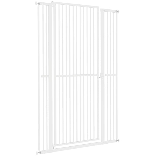 59"H Extra Tall Cat Gate, 30"-41"W Steel Pet Gate for Doorway, Hallway, Pressure Mounted Kit No Drilling Dog Gate with 1.4" Extra Narrow Gap, 2.8" & 5.5" Extensions, White