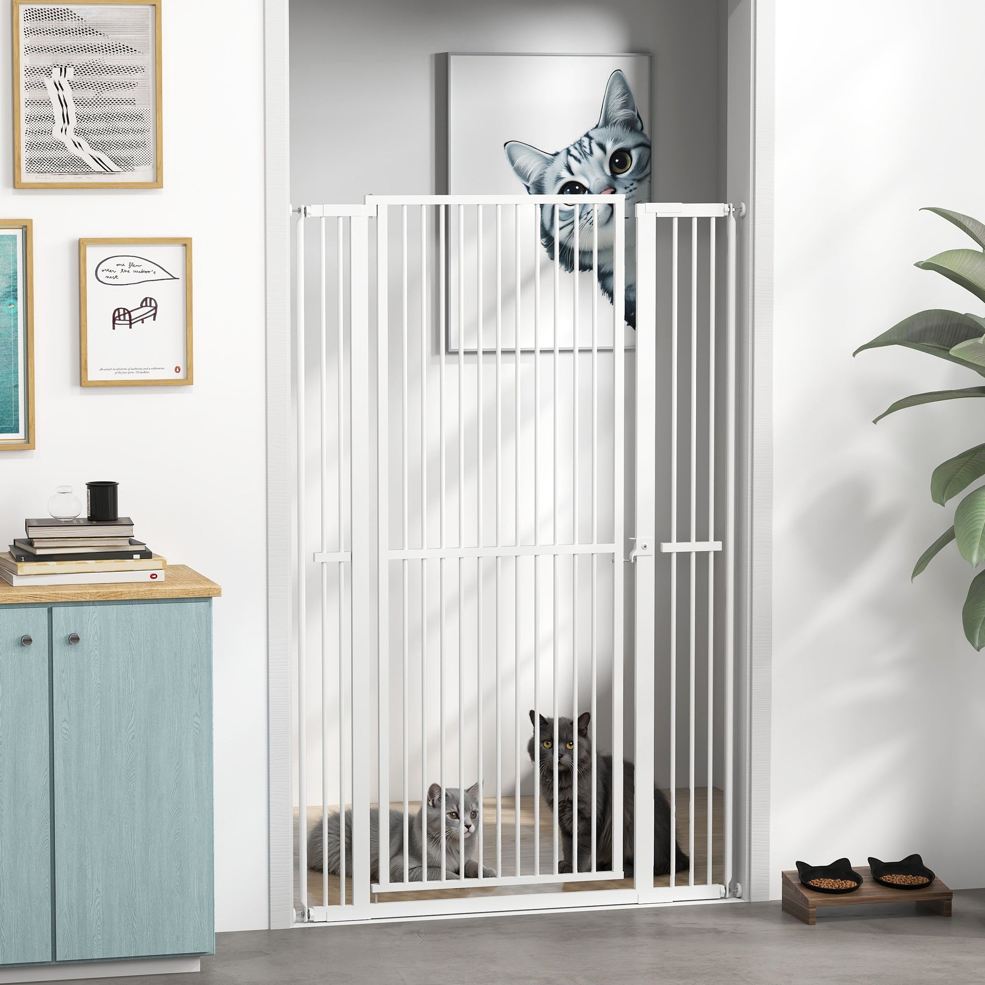 59"H Extra Tall Cat Gate, 30"-41"W Steel Pet Gate for Doorway, Hallway, Pressure Mounted Kit No Drilling Dog Gate with 1.4" Extra Narrow Gap, 2.8" & 5.5" Extensions, White