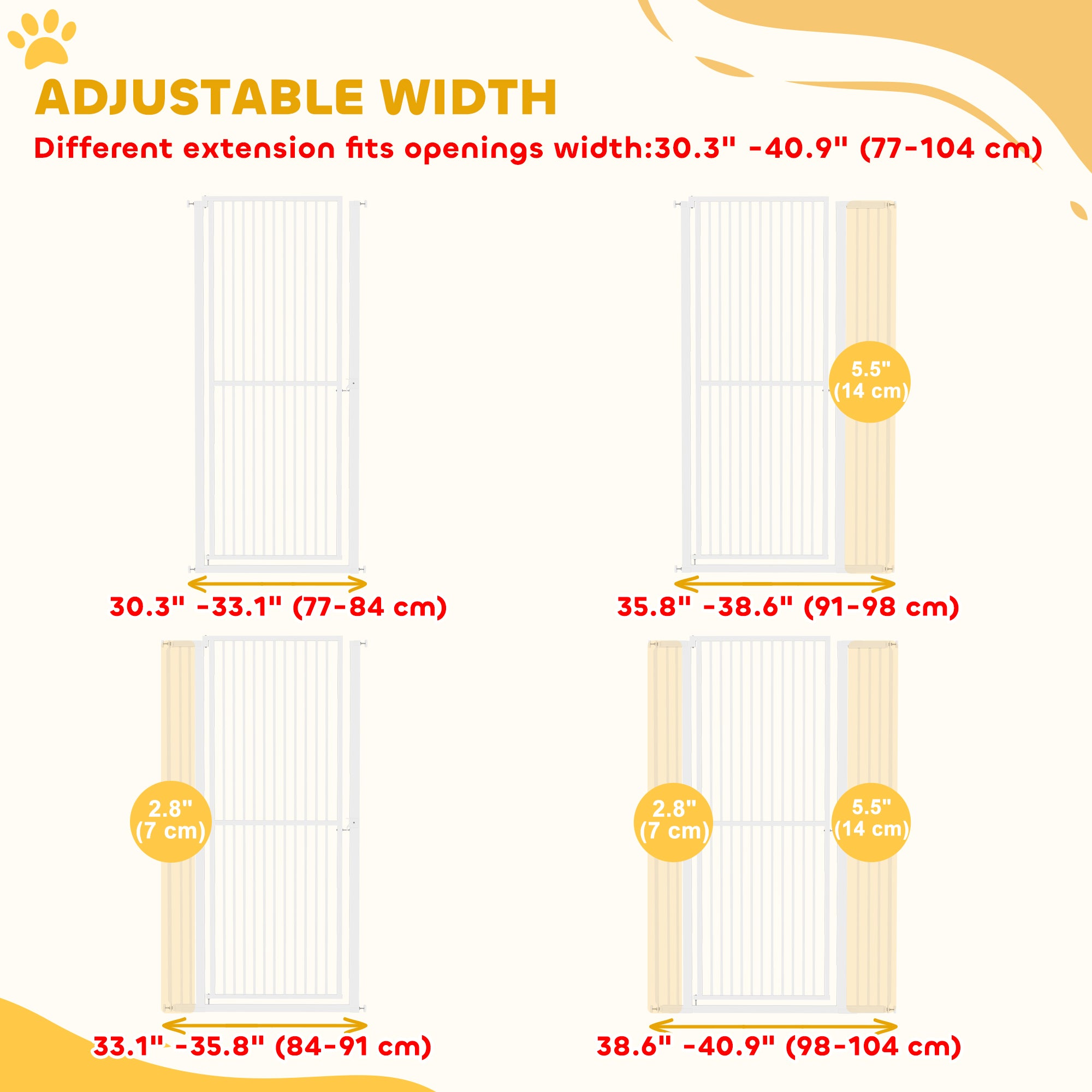 59"H Extra Tall Cat Gate, 30"-41"W Steel Pet Gate for Doorway, Hallway, Pressure Mounted Kit No Drilling Dog Gate with 1.4" Extra Narrow Gap, 2.8" & 5.5" Extensions, White