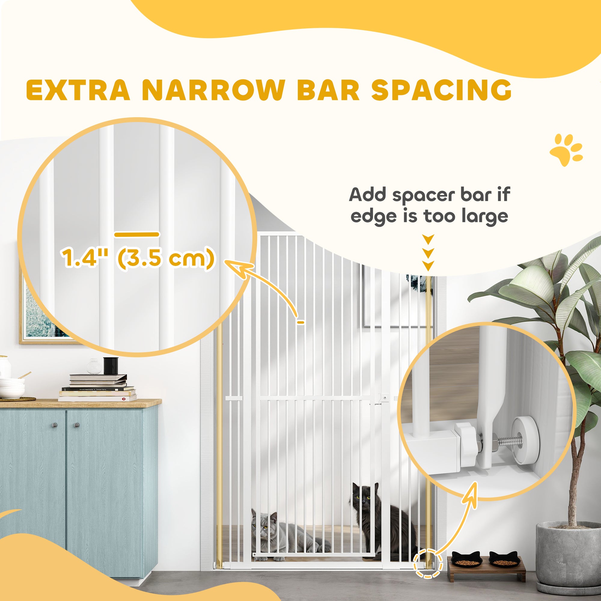 59"H Extra Tall Cat Gate, 30"-41"W Steel Pet Gate for Doorway, Hallway, Pressure Mounted Kit No Drilling Dog Gate with 1.4" Extra Narrow Gap, 2.8" & 5.5" Extensions, White