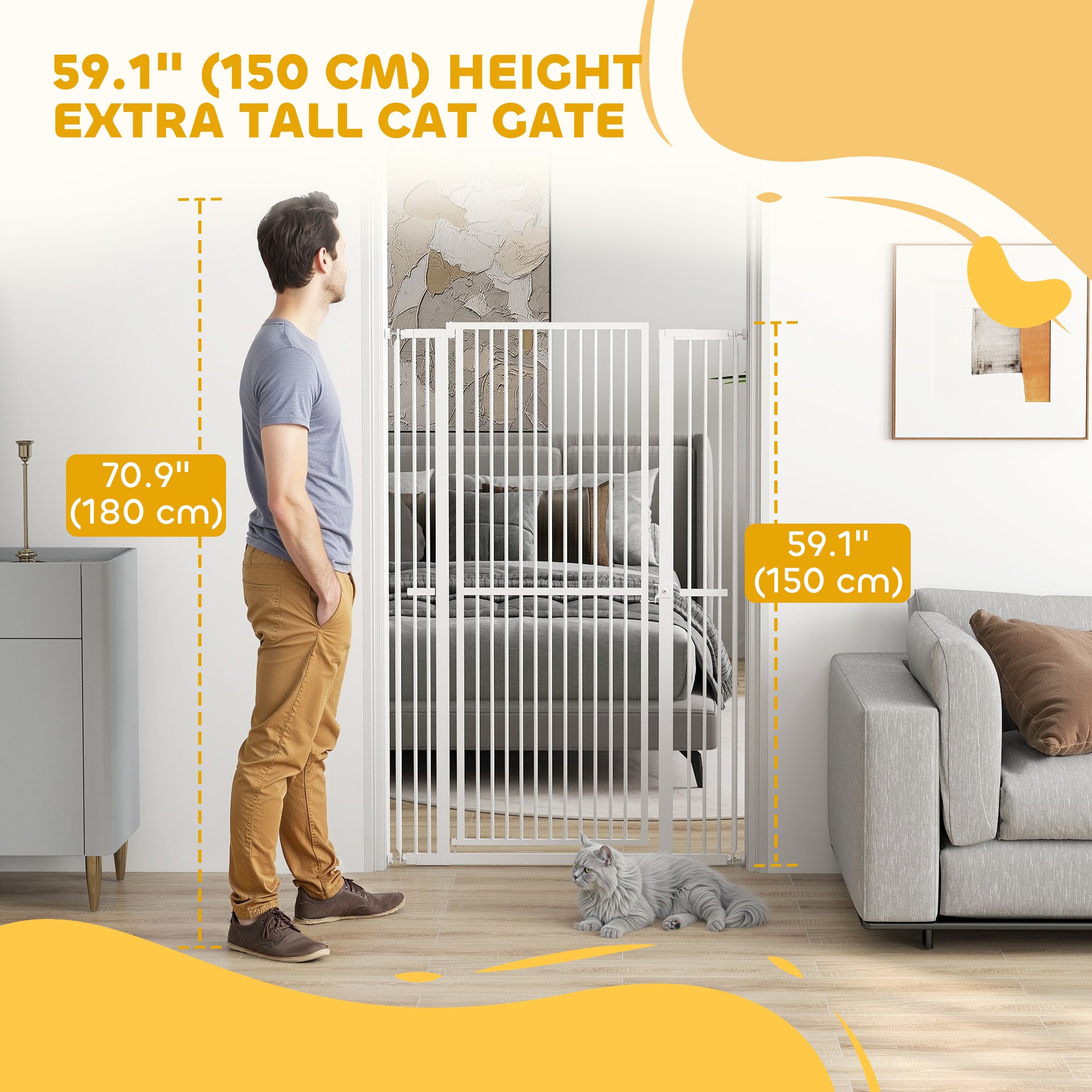 59"H Extra Tall Cat Gate, 30"-41"W Steel Pet Gate for Doorway, Hallway, Pressure Mounted Kit No Drilling Dog Gate with 1.4" Extra Narrow Gap, 2.8" & 5.5" Extensions, White