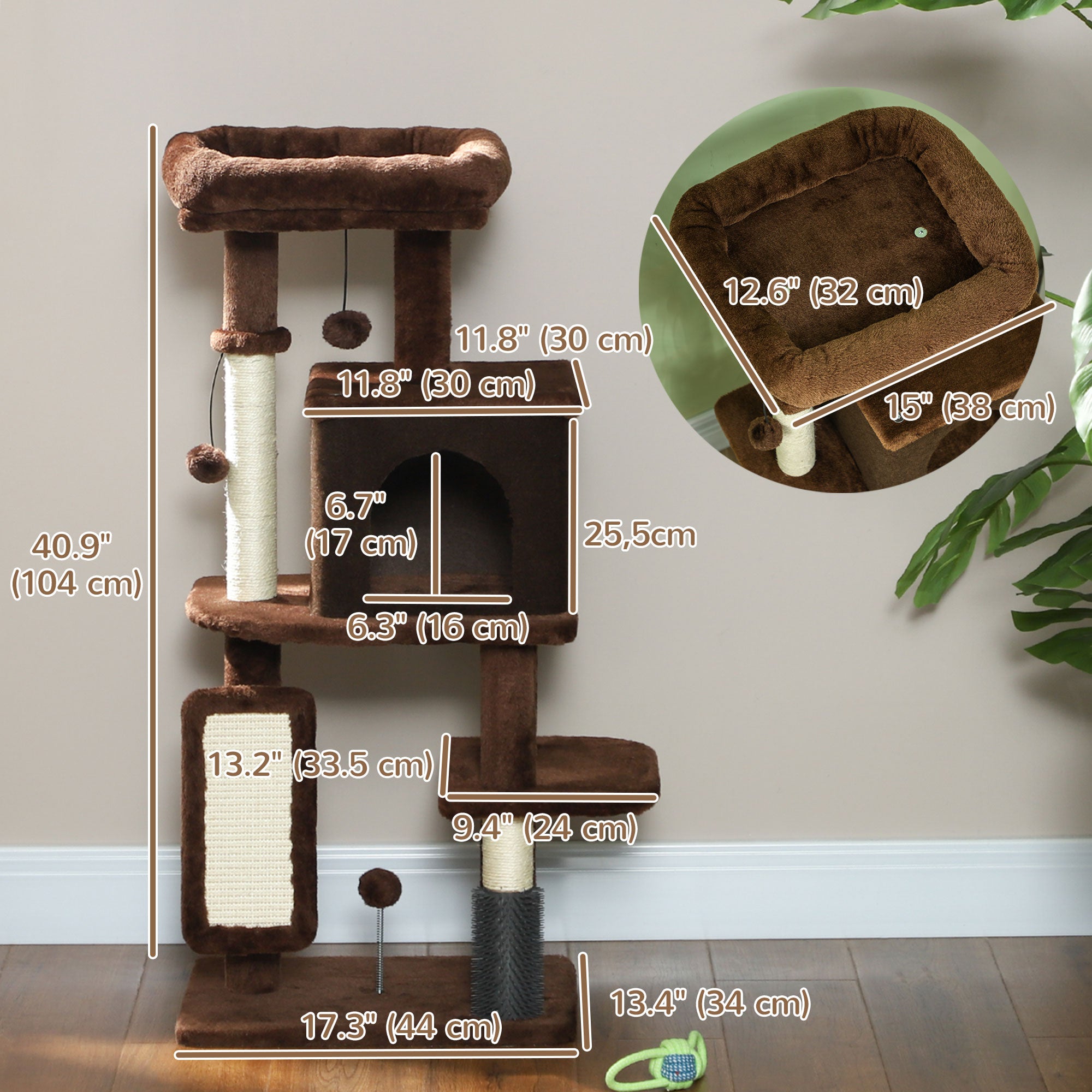 Cat Tree for Large Cat Adults, 41 Inch Cat Tower for Indoor Cats w/ Scratching Posts, Cat Bed, Condo, Grooming Brush, Jumping Platforms, Toy Balls, Anti-tip Kit, Brown