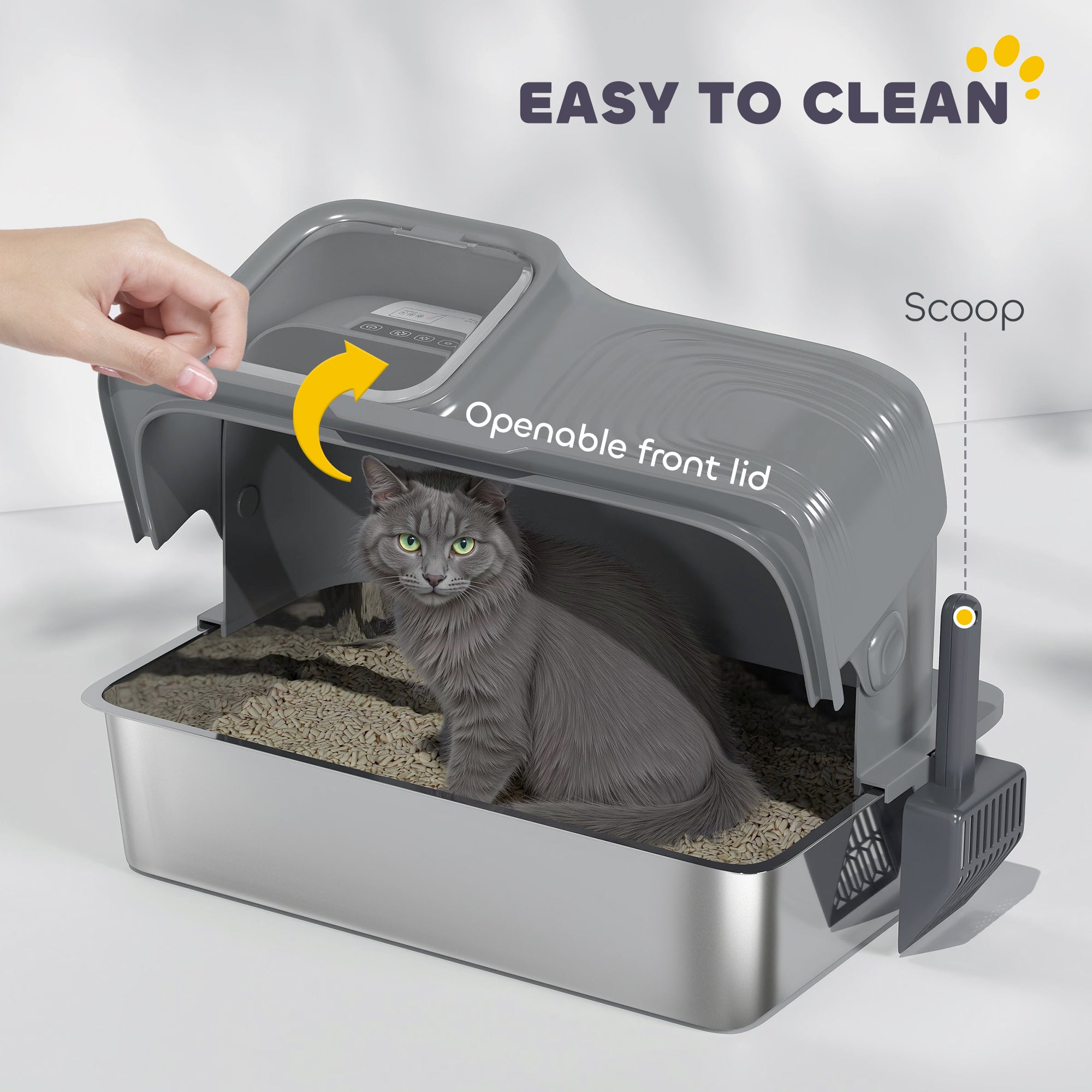 Stainless Steel Litter Tray with Plasma Deodoriser System, 65L Extra Large Enclosed Litter Box with Lid High, Sided Wall and Scoop for Larger Cats, Easy to Clean & Odour-Resistant, Grey