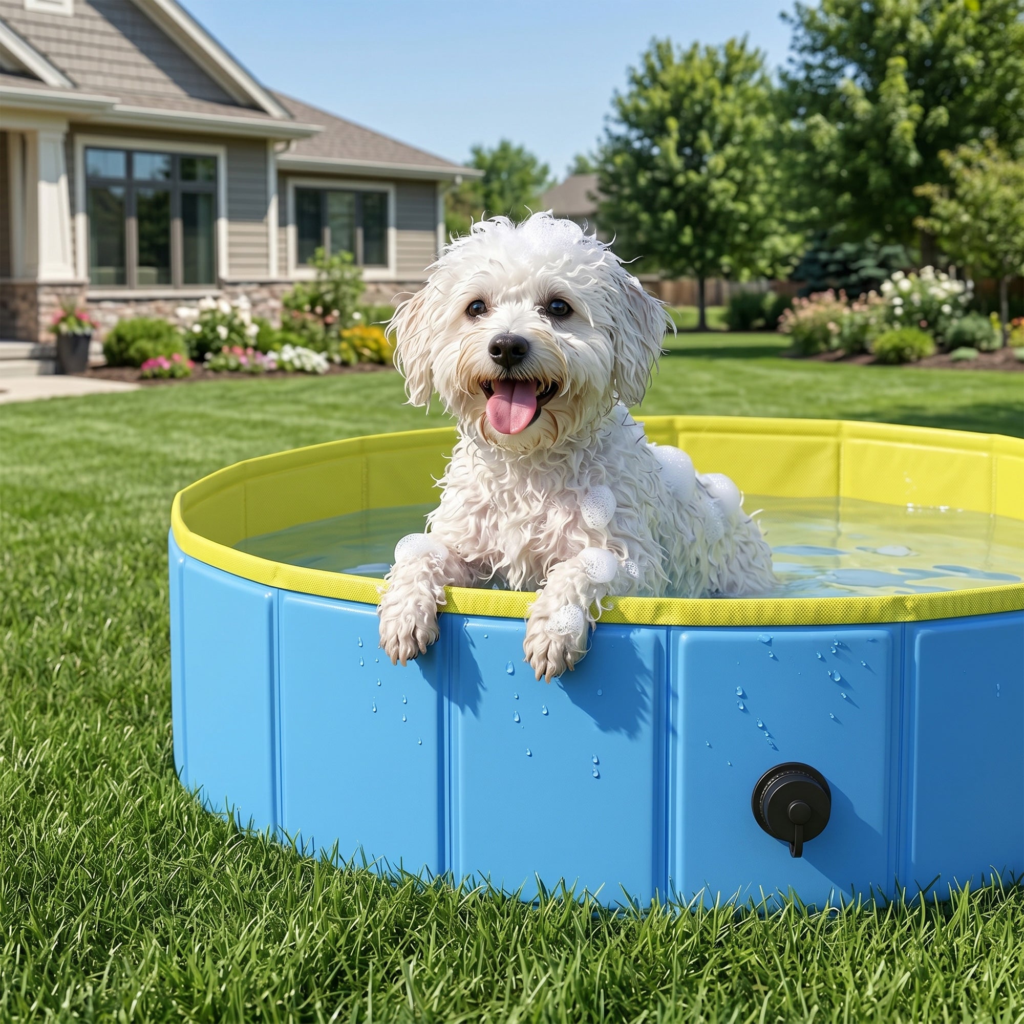 Foldable Dog Pool for Puppies and Ducks, Thickened PVC Dog Paddling Pool Bath Tub Hard Board, Anti-Slip Bottom and Hose Adapter for Easy Drainage, 80 x 20cm, Blue and Yellow