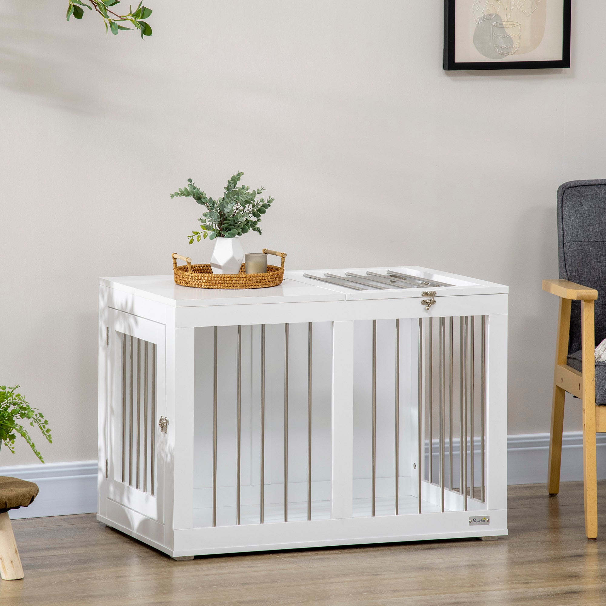 Dog Crate Furniture, 31.5" Dog Kennel Furniture Side End Table with Double Doors, for Medium Dogs, White