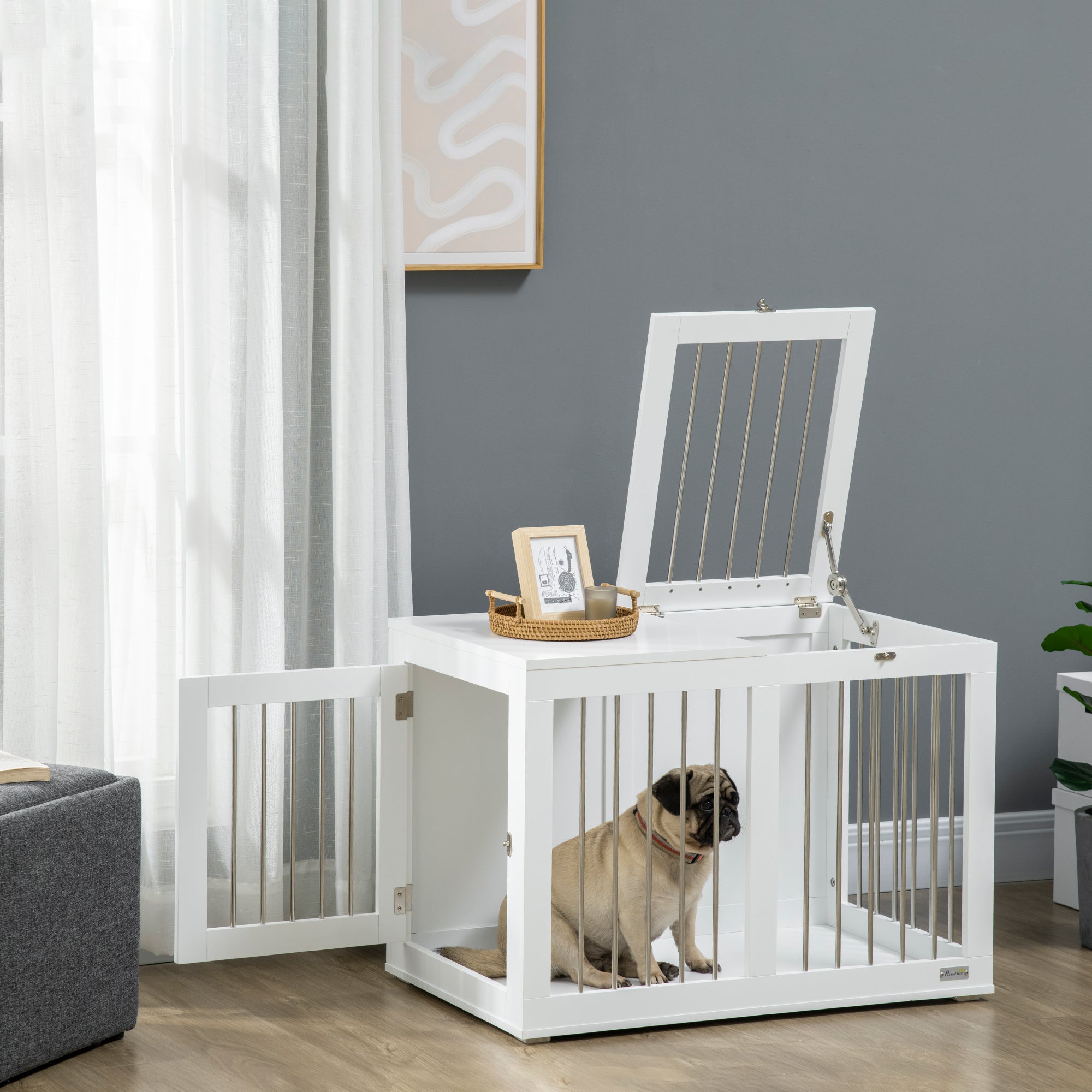 Dog Crate Furniture, 31.5" Dog Kennel Furniture Side End Table with Double Doors, for Medium Dogs, White