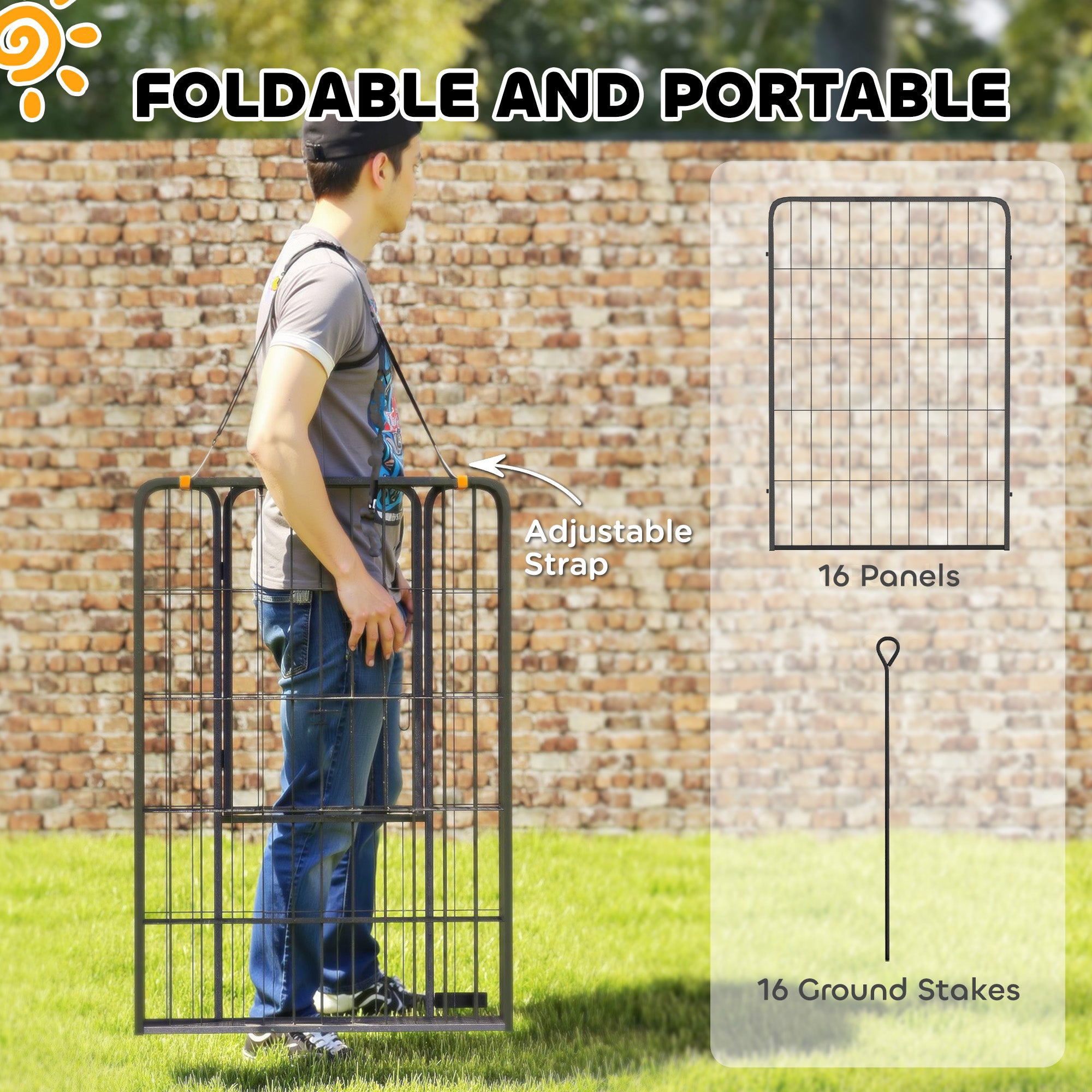16 Panels Dog Playpen, 27"W x 39.5"H Heavy Duty Pet Fence with Door & Strap for Indoor Outdoor Backyard Garden, Portable & Foldable Puppy Pet Pen for Large Dogs