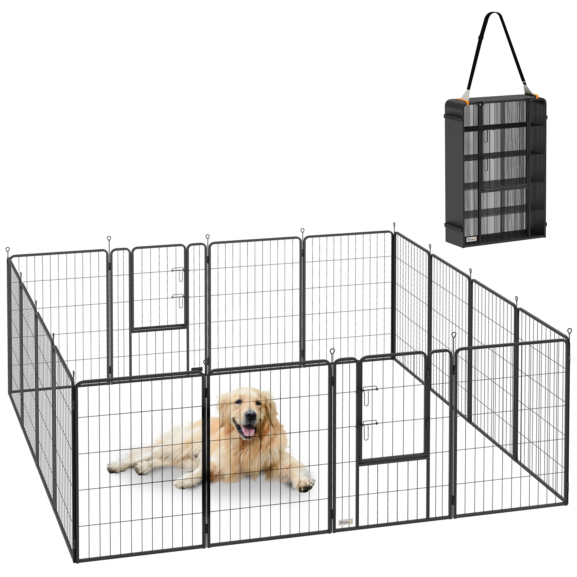 16 Panels Dog Playpen, 27"W x 39.5"H Heavy Duty Pet Fence with Door & Strap for Indoor Outdoor Backyard Garden, Portable & Foldable Puppy Pet Pen for Large Dogs