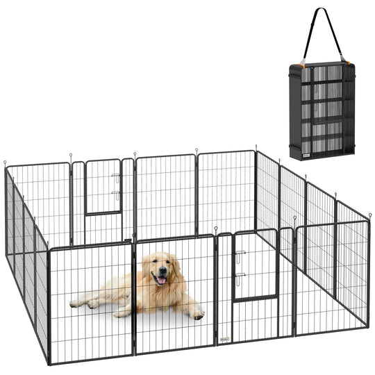 16 Panels Dog Playpen, 27"W x 39.5"H Heavy Duty Pet Fence with Door & Strap for Indoor Outdoor Backyard Garden, Portable & Foldable Puppy Pet Pen for Large Dogs