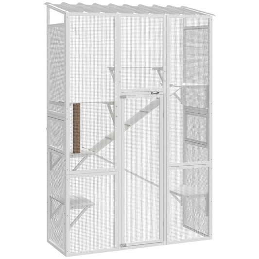Outdoor Catio Cat Enclosure, Large Wooden Cat House with 6 Jumping Platforms, Scratching Post, 2 Ramps, Waterproof Roof, Kitty Cage Window Access for 2-3 Kittens, 99" H, White