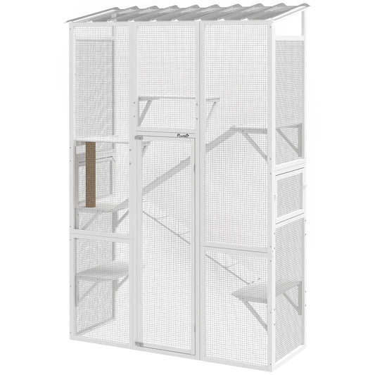 Catio Outdoor Cat Enclosure, Large Wooden Cat House with 6 Platforms, Scratching Post, 2 Ramps, Waterproof Roof, Walk-in Kitty Cage for 2–3 Kittens, 64" x 24" x 99", White