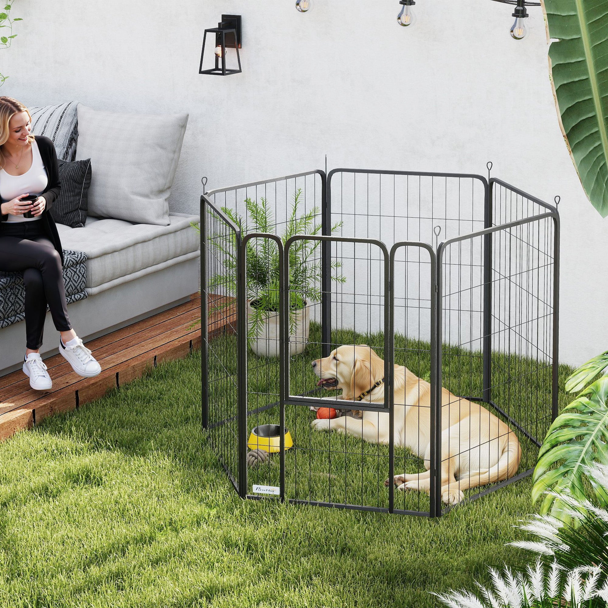 6 Panels Dog Playpen, 27"W x 39.5"H Heavy Duty Pet Fence with Door & Strap for Indoor Outdoor Backyard Garden, Portable & Foldable Puppy Pet Pen for Large Dogs