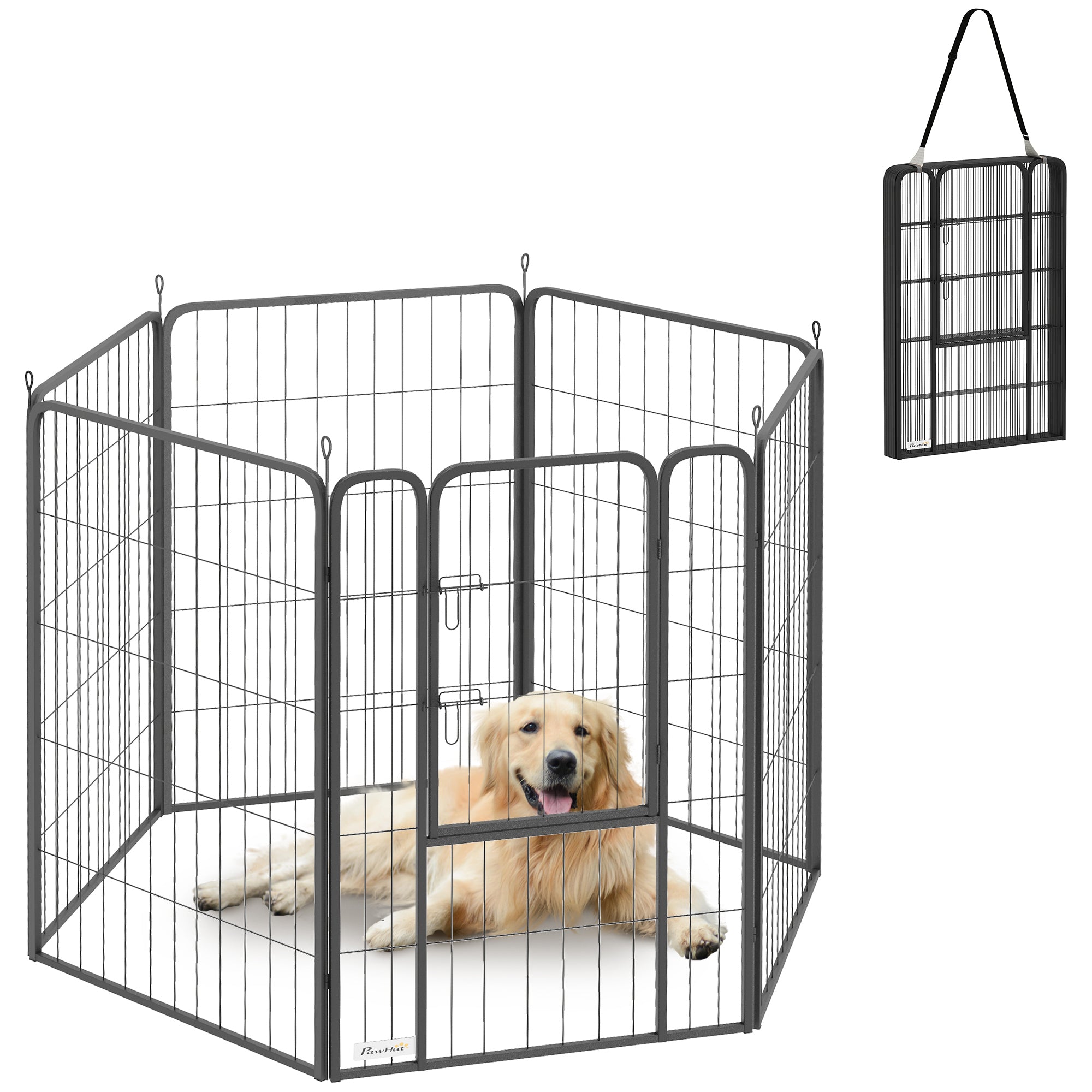 6 Panels Dog Playpen, 27"W x 39.5"H Heavy Duty Pet Fence with Door & Strap for Indoor Outdoor Backyard Garden, Portable & Foldable Puppy Pet Pen for Large Dogs