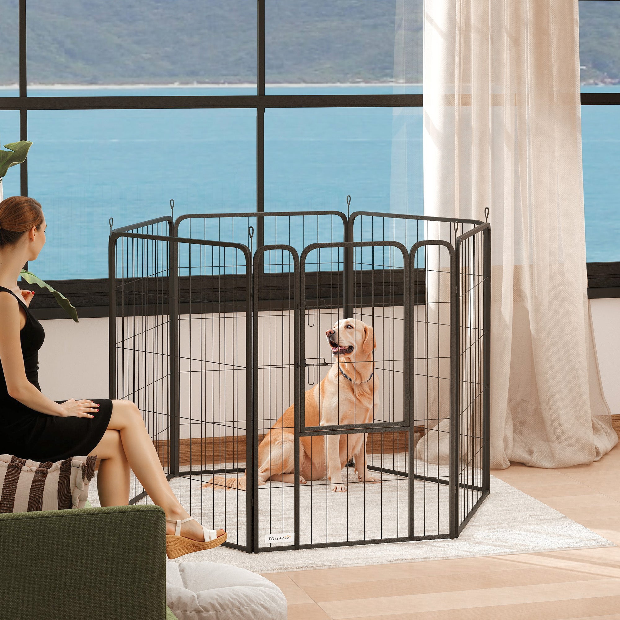 6 Panels Dog Playpen, 27"W x 39.5"H Heavy Duty Pet Fence with Door & Strap for Indoor Outdoor Backyard Garden, Portable & Foldable Puppy Pet Pen for Large Dogs
