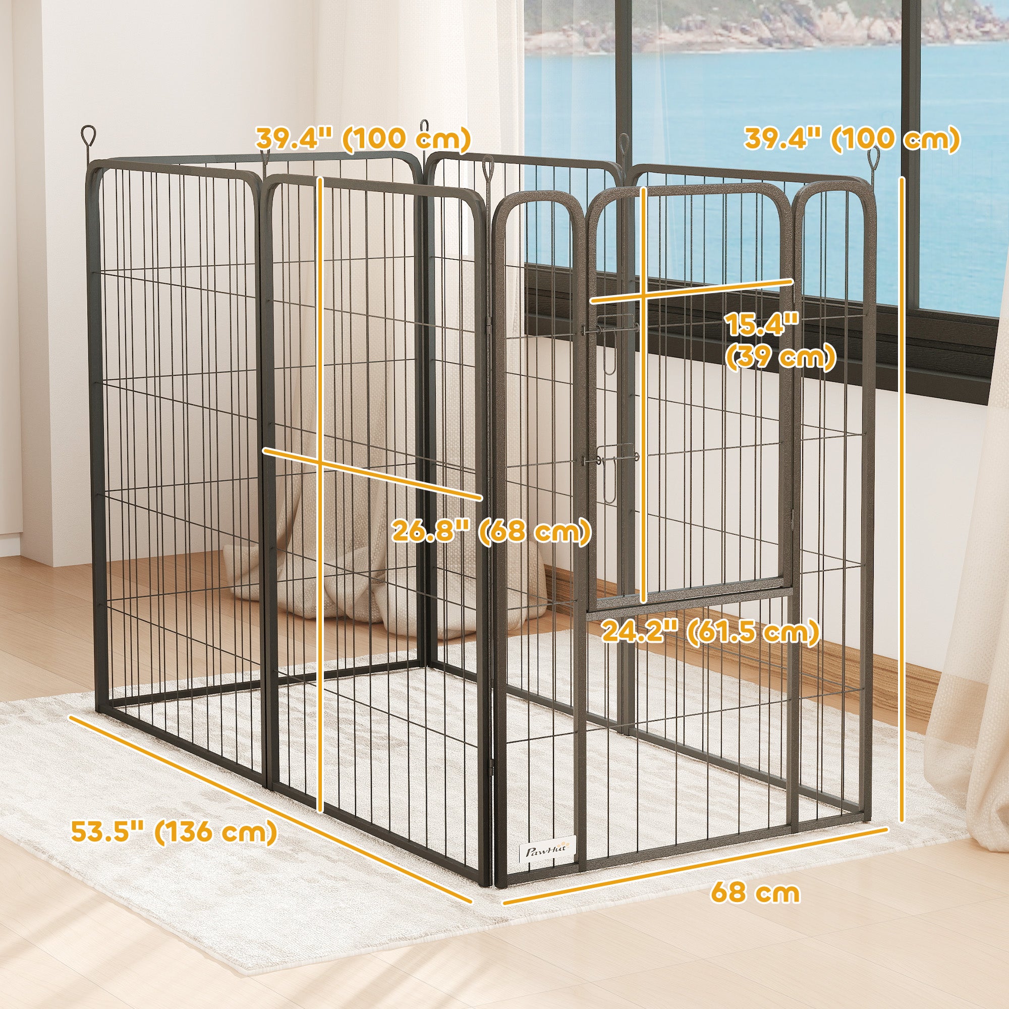 6 Panels Dog Playpen, 27"W x 39.5"H Heavy Duty Pet Fence with Door & Strap for Indoor Outdoor Backyard Garden, Portable & Foldable Puppy Pet Pen for Large Dogs