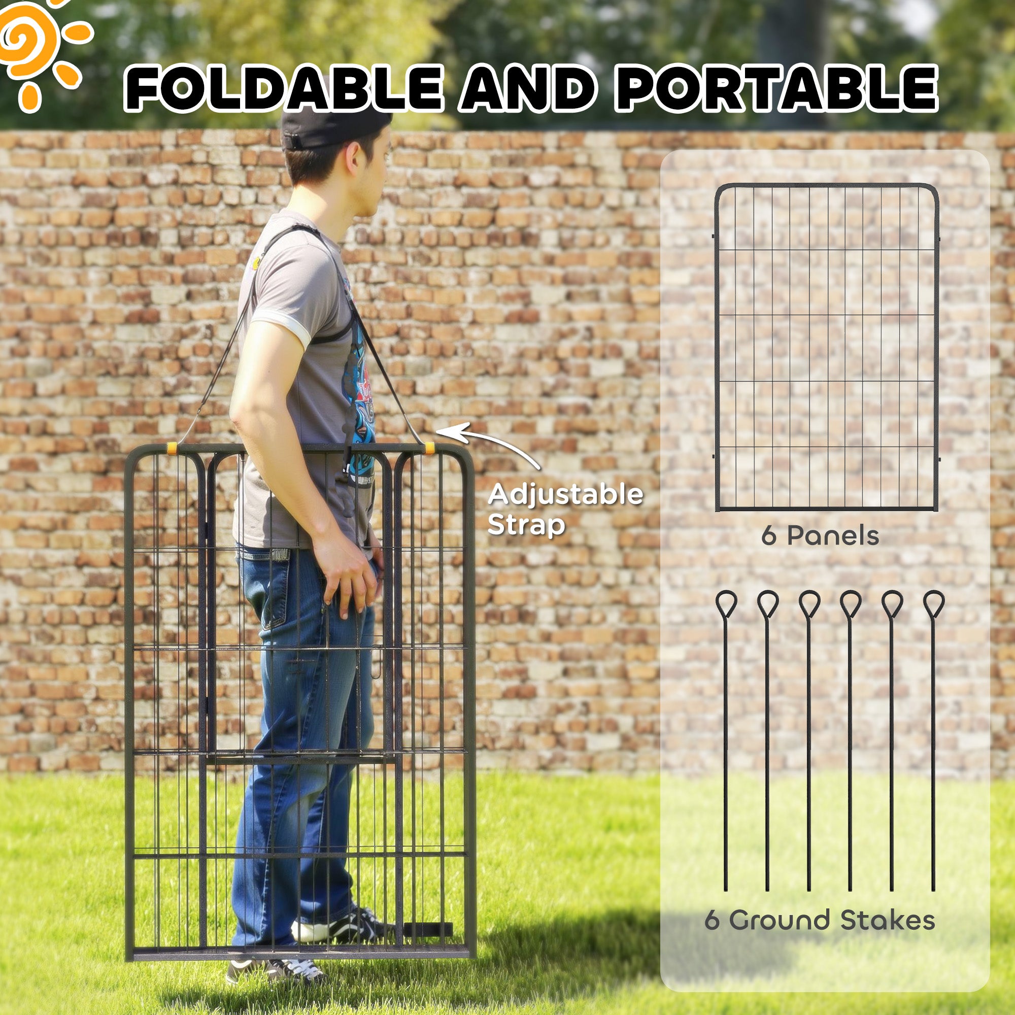 6 Panels Dog Playpen, 27"W x 39.5"H Heavy Duty Pet Fence with Door & Strap for Indoor Outdoor Backyard Garden, Portable & Foldable Puppy Pet Pen for Large Dogs