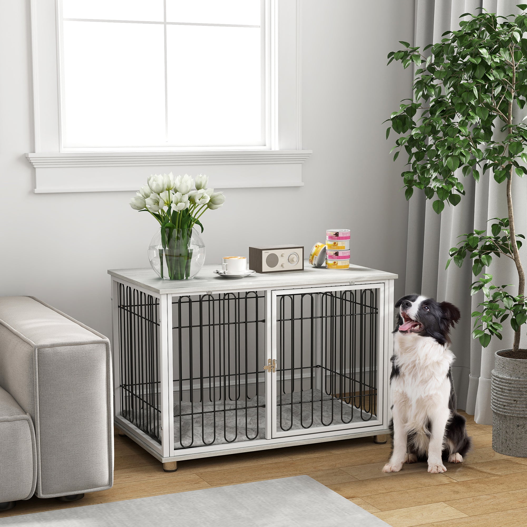 35in Dog Crate Furniture with Washable Cushion, Indoor Dog Kennel End Table with Adjustable Feet for Medium Dogs, Grey