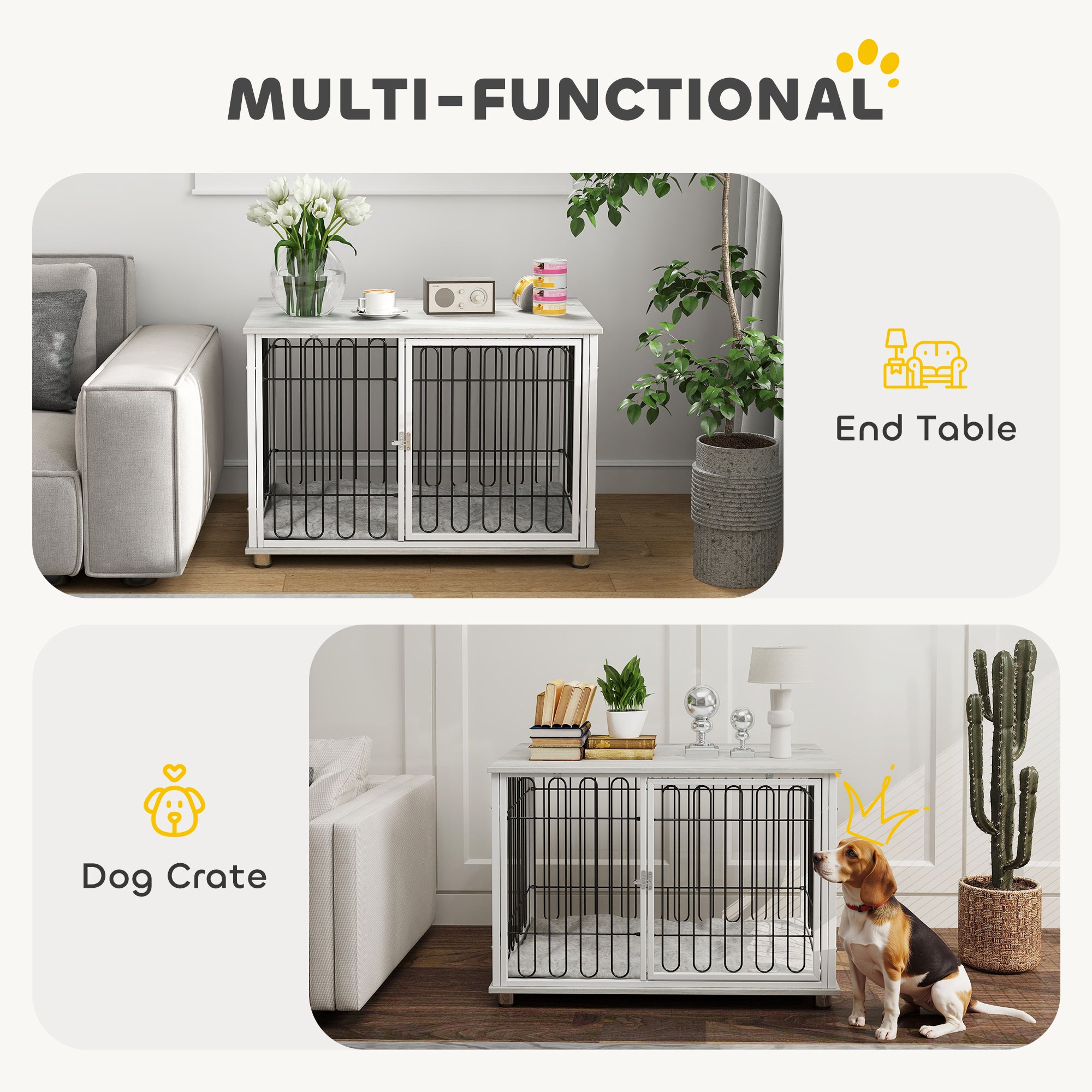 35in Dog Crate Furniture with Washable Cushion, Indoor Dog Kennel End Table with Adjustable Feet for Medium Dogs, Grey